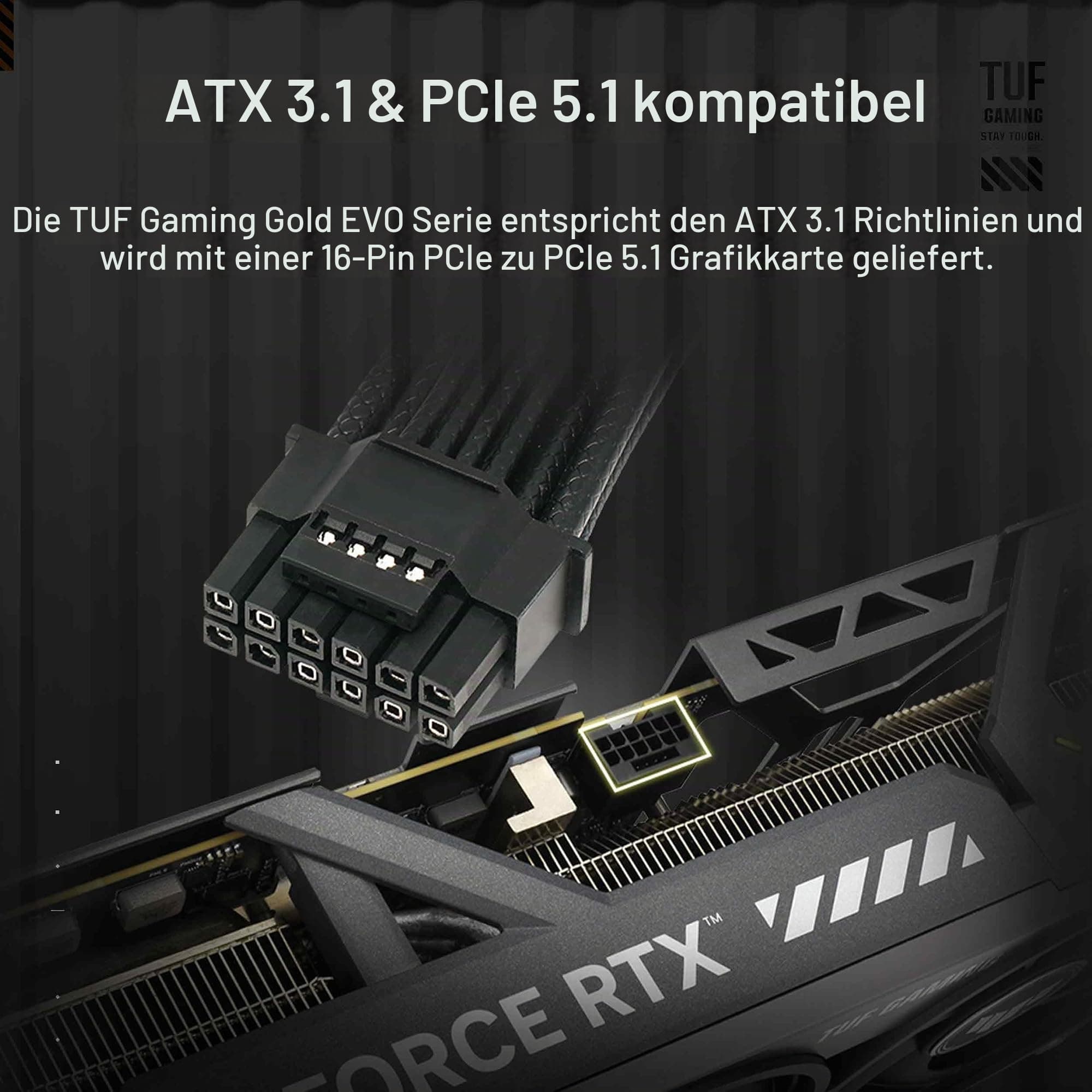 ASUS TUF Gaming 750W Gold EVO Gaming Netzteil (750 Watt, Lüfter mit Doppelkugellager, ATX 3.1 & PCIe 5.1 kompatibel, 80 Plus & Cybernetics Gold-Zertifizierung, geätzte Kabel, Schwarz) Bild 6