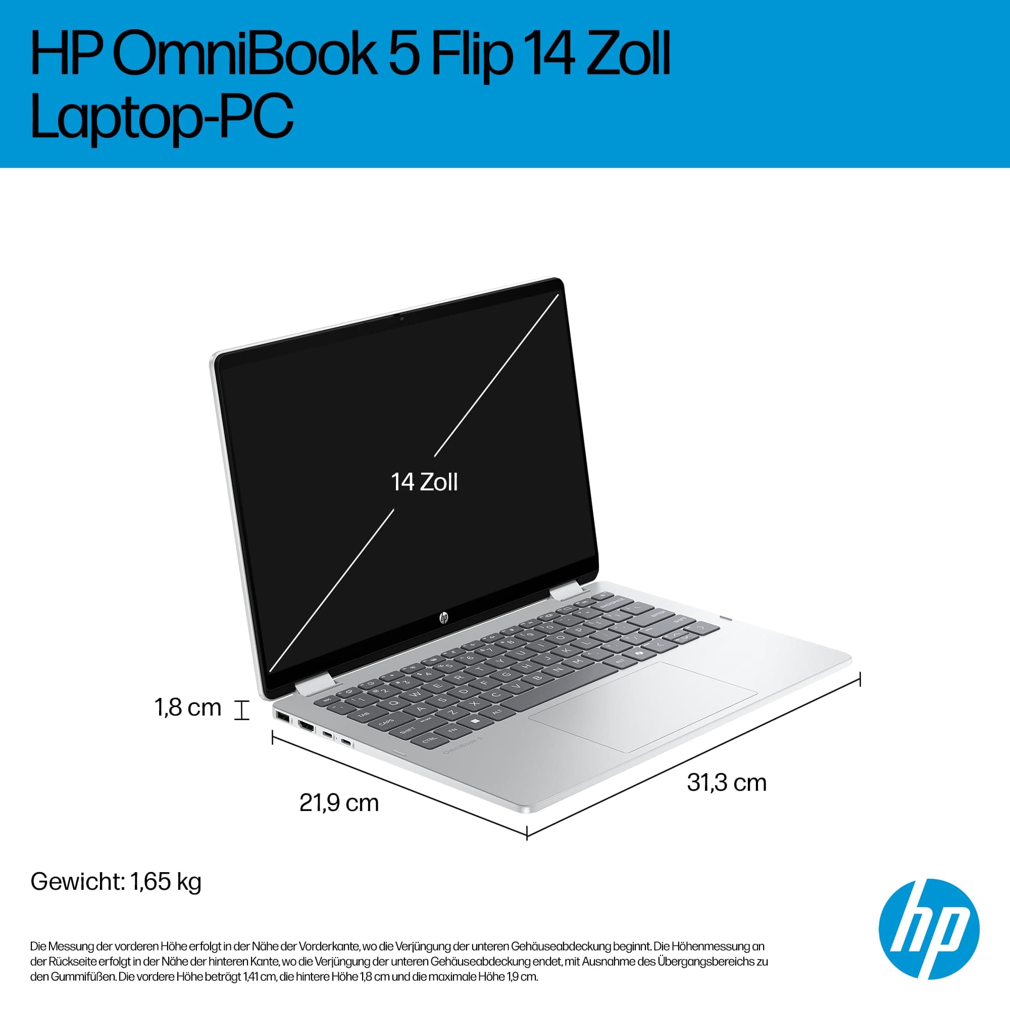 HP OmniBook 5 Flip 14-fp0254ng 2 in 1 Convertible Laptop, 14 Zoll 2K-Touchscreen (1920 x 1200), Intel Core i5-1334U, 16 GB RAM, 512 GB SSD, QWERTZ, Windows 11 Home, Silber Intel Core i5-1334U Intel Iris Xe-Grafikkarte Bild 3