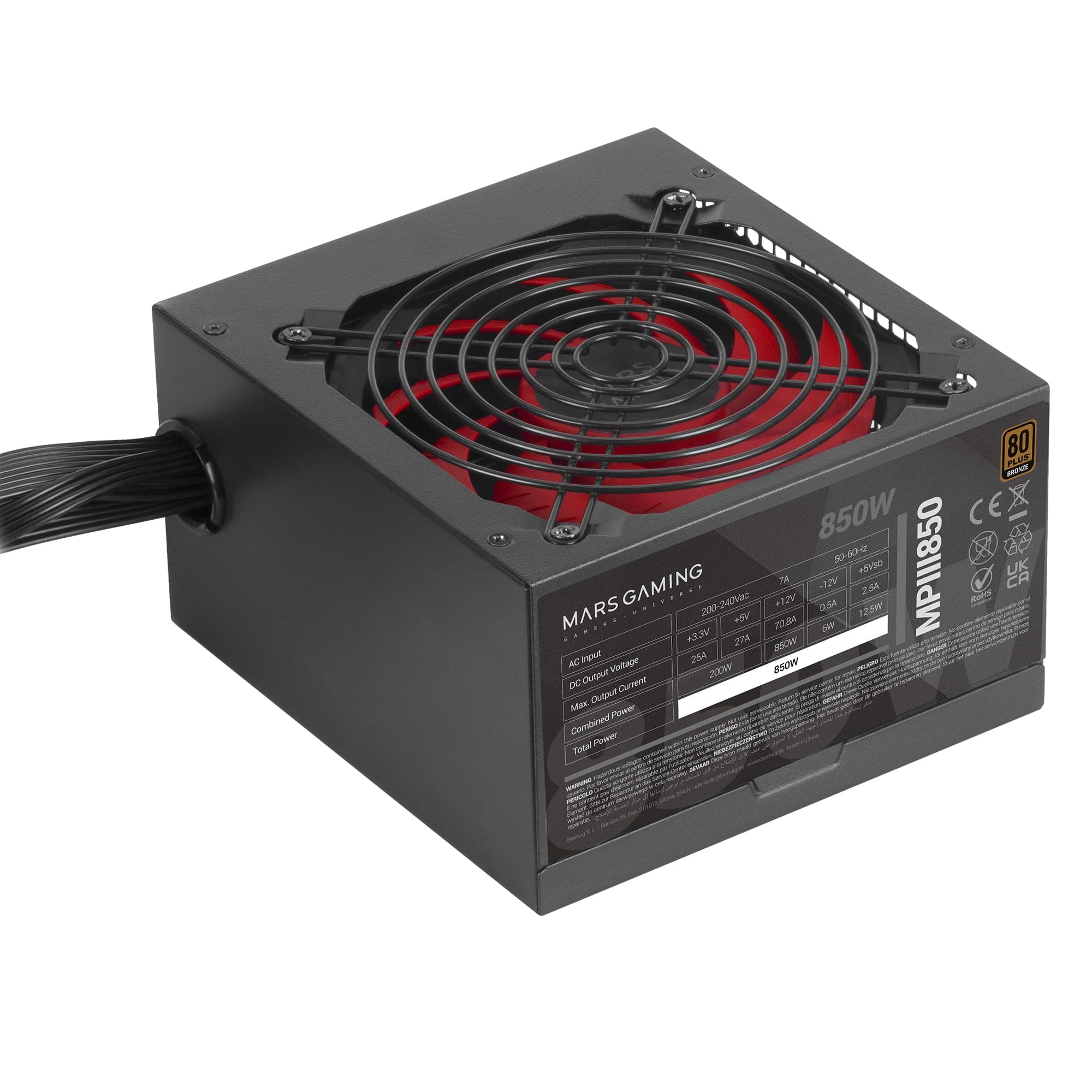 Mars Gaming MPIII850, PC-Netzteil ATX 850W, 5 Jahre Garantie, 85% Effizienz, Digitales APFC-System, 120 mm FDB-Lüfter mit AI-RPM, DC und SMD-Technologie, Extra Lange Flachkabel, Schwarz Bild 4