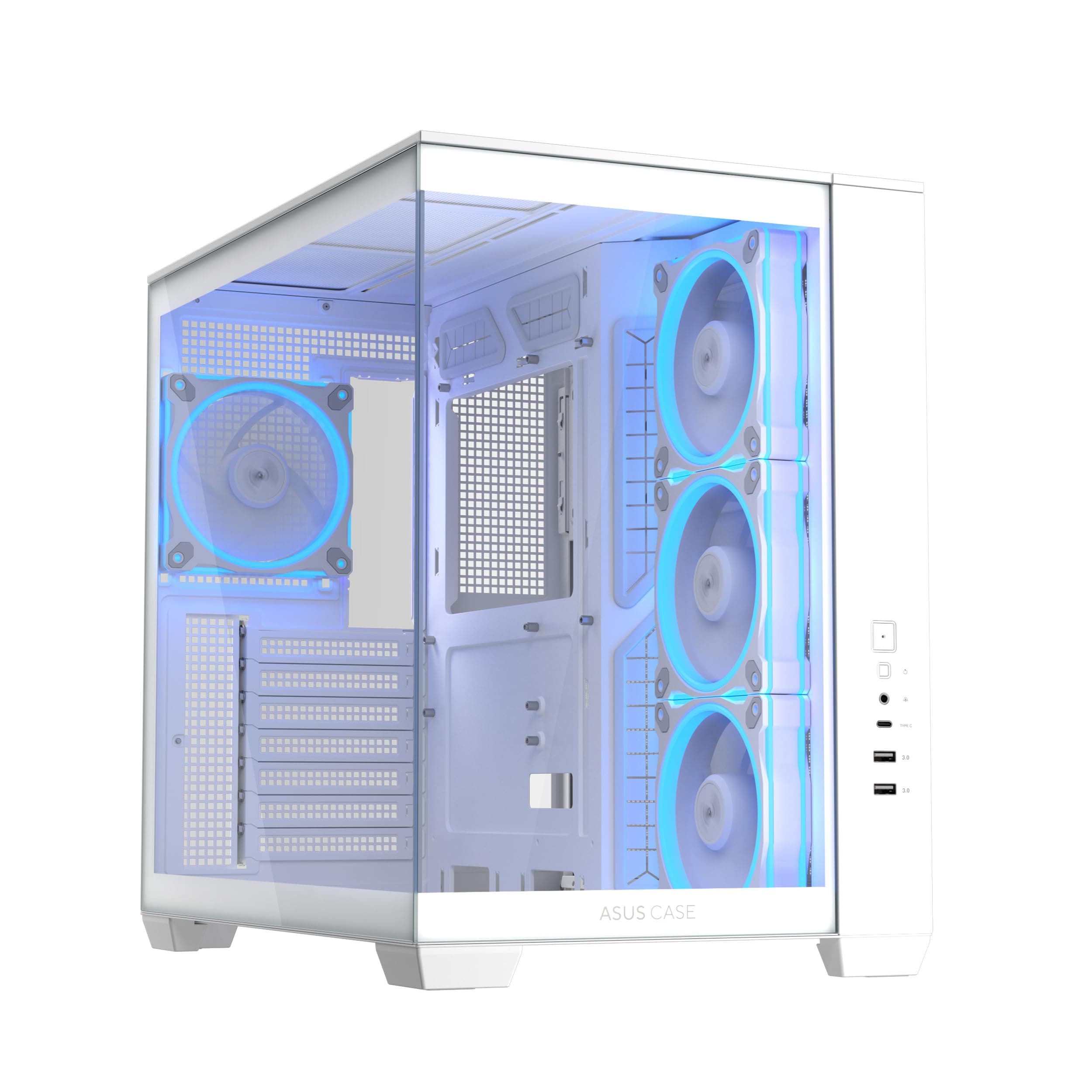 ASUS A32 Plus White ATX-PC Gehäuse (vorinstallierte ARGB-Lüfter, Panorama-Design, Frontpanel aus Glas, kompatibel mit 360-mm-Radiatoren und 420-mm-Grafikkarten, Frontpanel USB Typ-C, Weiß) Bild 2