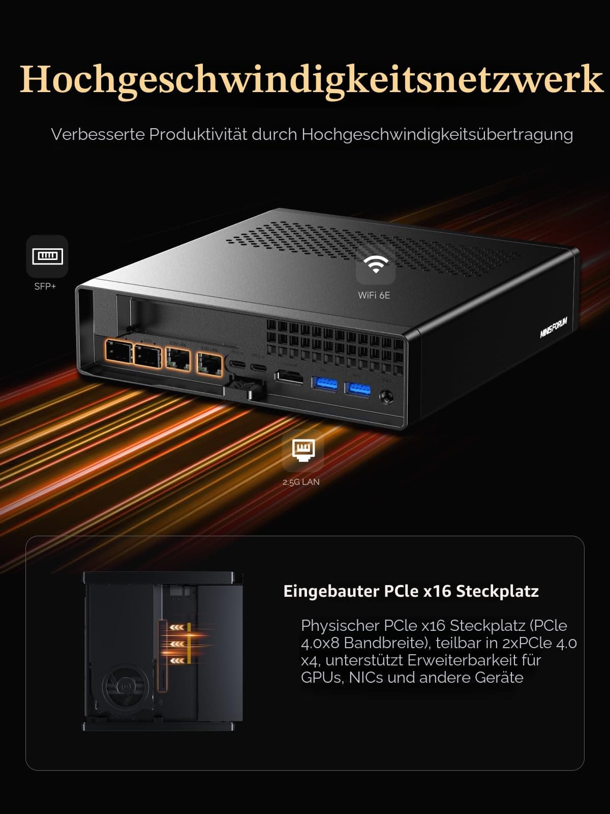 MINIS FORUM AMD Ryzen 9 9955HX MS-A2 Mini PC (16C/32T, bis zu 5,4GHz), PCIe × 16, HDMI/2x USB-C (8K bei 60Hz), 2X SFP+ 10G, 2X 2,5G LAN, 3X M.2 SSD (2280/22110/U.2),Kein RAM/SSD MS-A2-9955 0/0 GB Bild 7