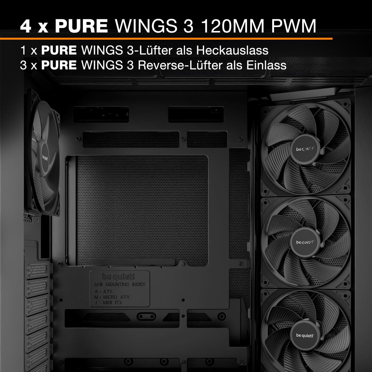 be quiet! Light Base 500 Black PC-Gehäuse, vollständig verglaste Front und Seitenfenster, Show Case, Dual Chamber Design, 4 Pure Wings 3 PWM-Lüfter, kein RGB, Anschlussdesign auf der Rückseite Bild 7