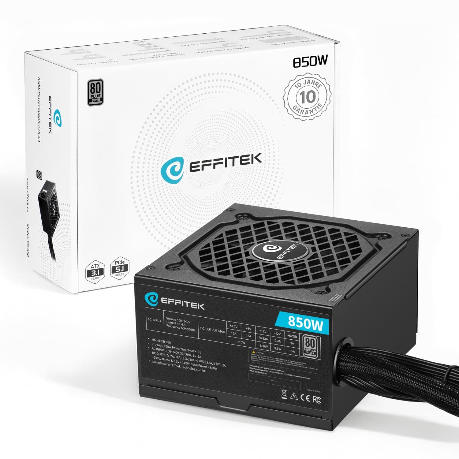850 Watt Netzteil für PC Gaming ATX 3.1 und PCIe 5.1 kompatibel [Silber Serie] 80 Plus Silber I 12V Netzteil I für PC Gehäuse ATX I Power Supply I ATX Netzteil I 12V 2x6 Kabel GPU I leise