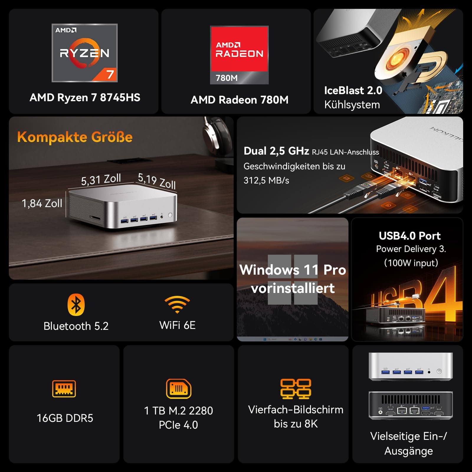 GEEKOM Mini PC A8 Max mit AMD Ryzen 7 8745HS, 2,5Gbps Dualer LAN Port, 3 Jahre Garantie, 1TB M.2 NVMe SSD + 16 DDR5 RAM, Mini Computer W-11 Pro | 8 USB | 8K Quad-Display, für Gaming/Kreativität/Office R7-8745HS(16+1T) Bild 2