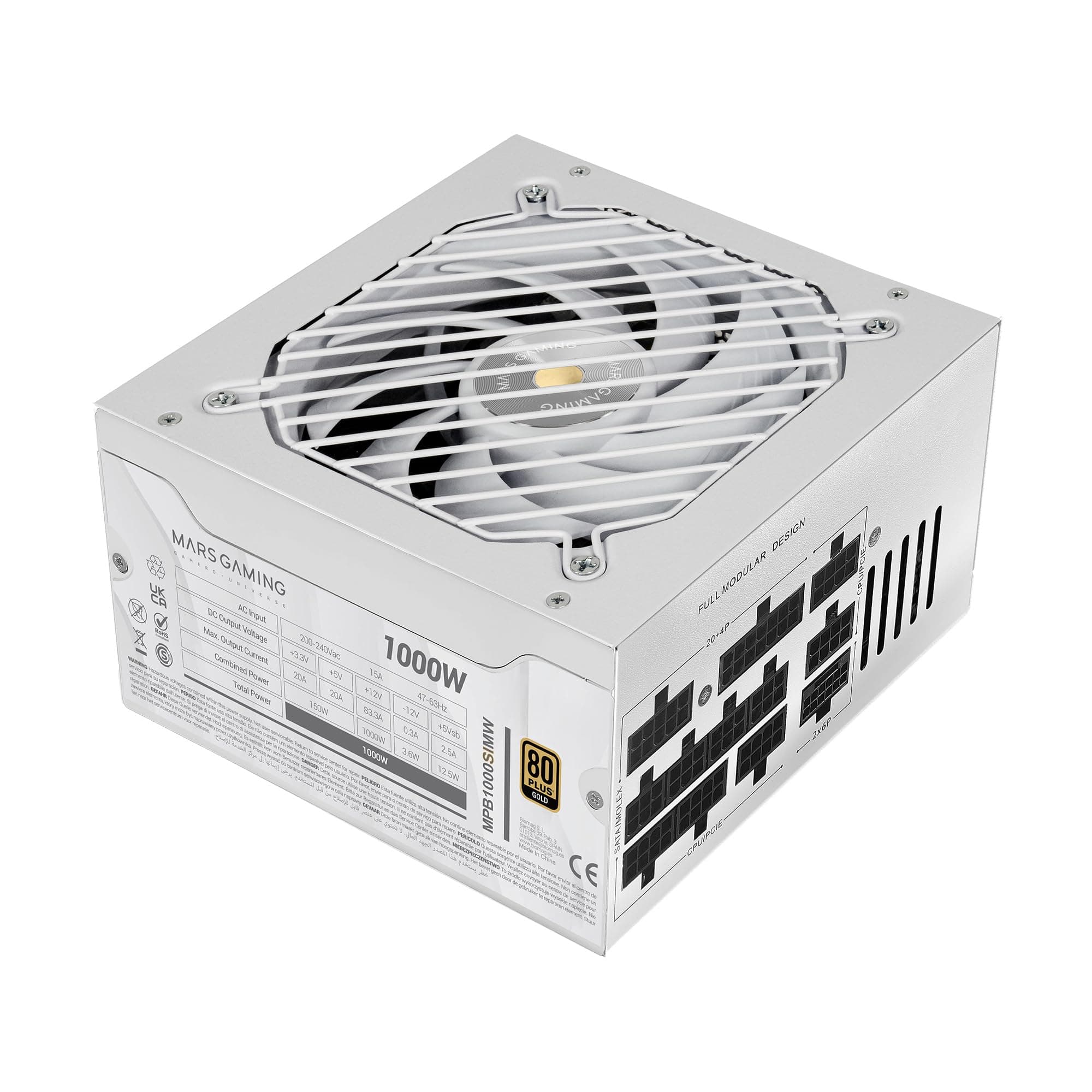 Mars Gaming MPB1000SIM, Vollmodulares ATX 1000W-Netzteil, 7 Jahre Garantie, 80Plus Gold 90%, SI Extreme Silence 140mm-Lüfter, AI2-RPM-Technologien, Japanische Kondensatoren, Weiß MPB1000SIMW