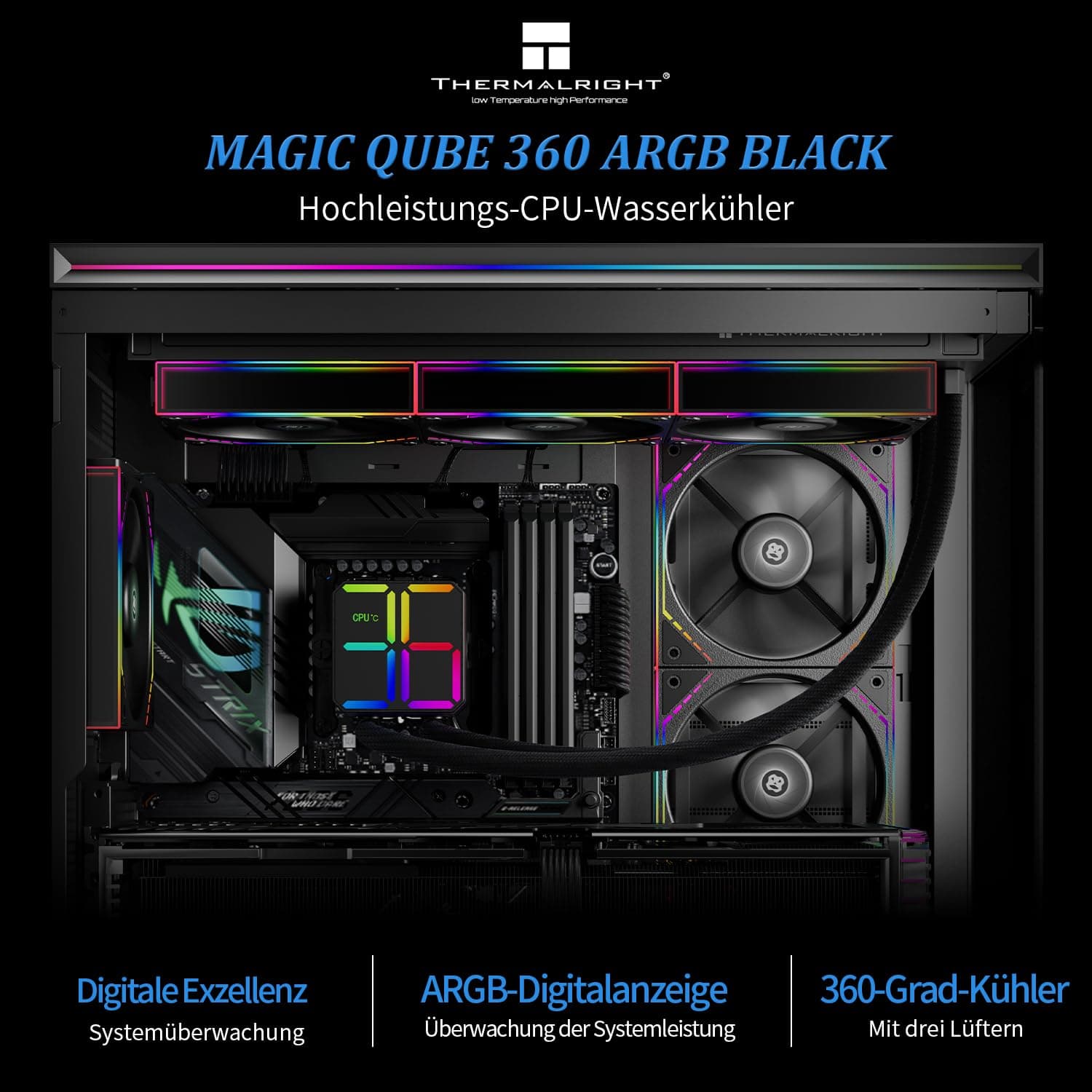 Thermalright Magic Qube 360 ARGB Black CPU-Flüssigkeitskühler, 360 Aio CPU-Kühler, drei TL-M12Q PWM-Lüfter, Digitalanzeige-Kühlerkopf, für AM4/AM5, Intel LGA1851/1700/1150/1151/1200 Schwarz Bild 3