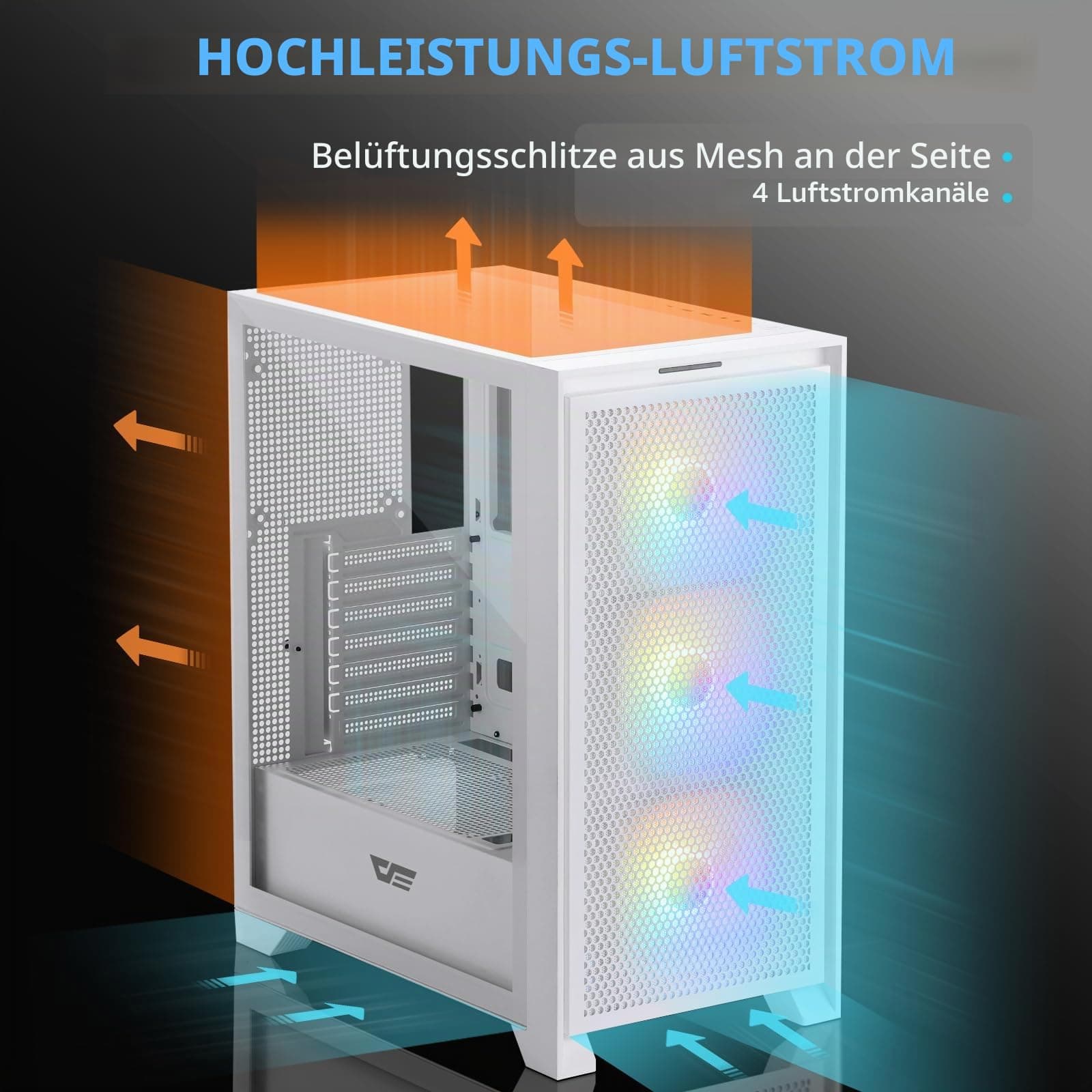 darkFlash ATX Mid-Tower Gaming-PC-Gehäuse, vorinstallierte 3x120mm RGB-Lüfter, abnehmbare große Mesh-Frontblende, USB 3.0-fähig, Seitenwand aus gehärtetem Glas für optimale Belüftung, Weiß (DRX70) Bild 7