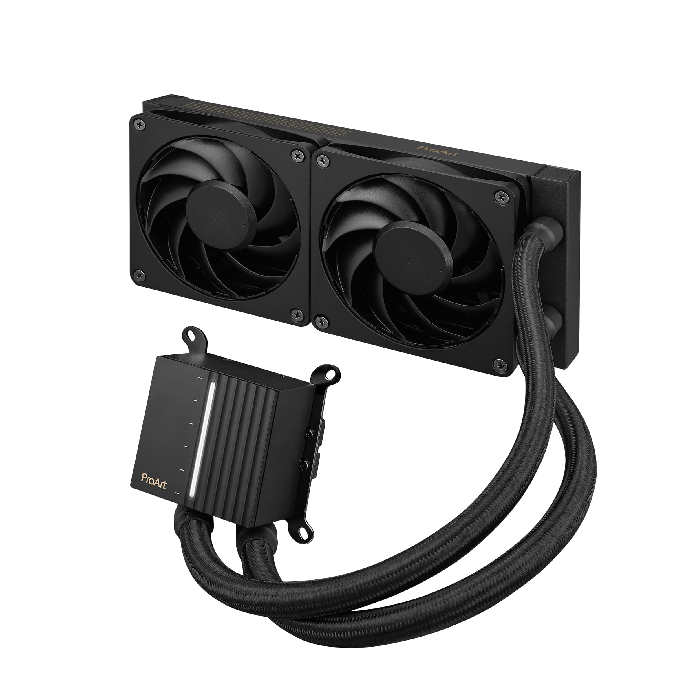 ASUS ProArt LC 240 All-in-One Flüssig-CPU-Wasserkühlung (beleuchtete Systemstatusanzeige, 2x 120-mm Alphacool Apex Stealth Metal Power-Lüfter, 3000 U/min, 39,5 dB(A), Schwarz) Bild 2