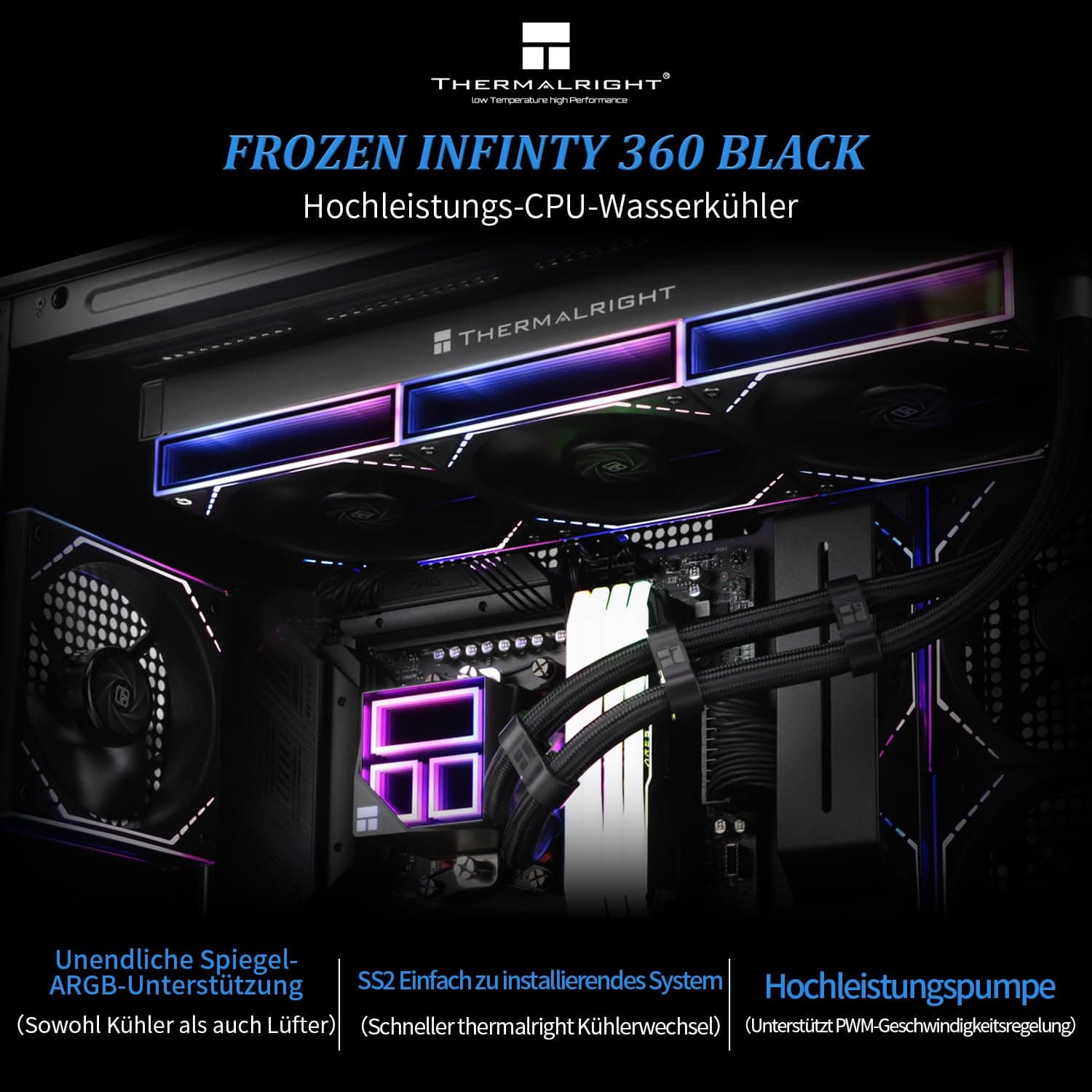 Thermalright Frozen Infinity 360 BLACK CPU-Wasserkühler, 360mm Aio CPU-Kühler, Dreifach-TL-M12-PWM-Lüfter, Infinity Mirror CPU-Kühler, für AMD/AM4/AM5, Intel LGA1851/1700/1150/1151 360mm Schwarz Bild 3