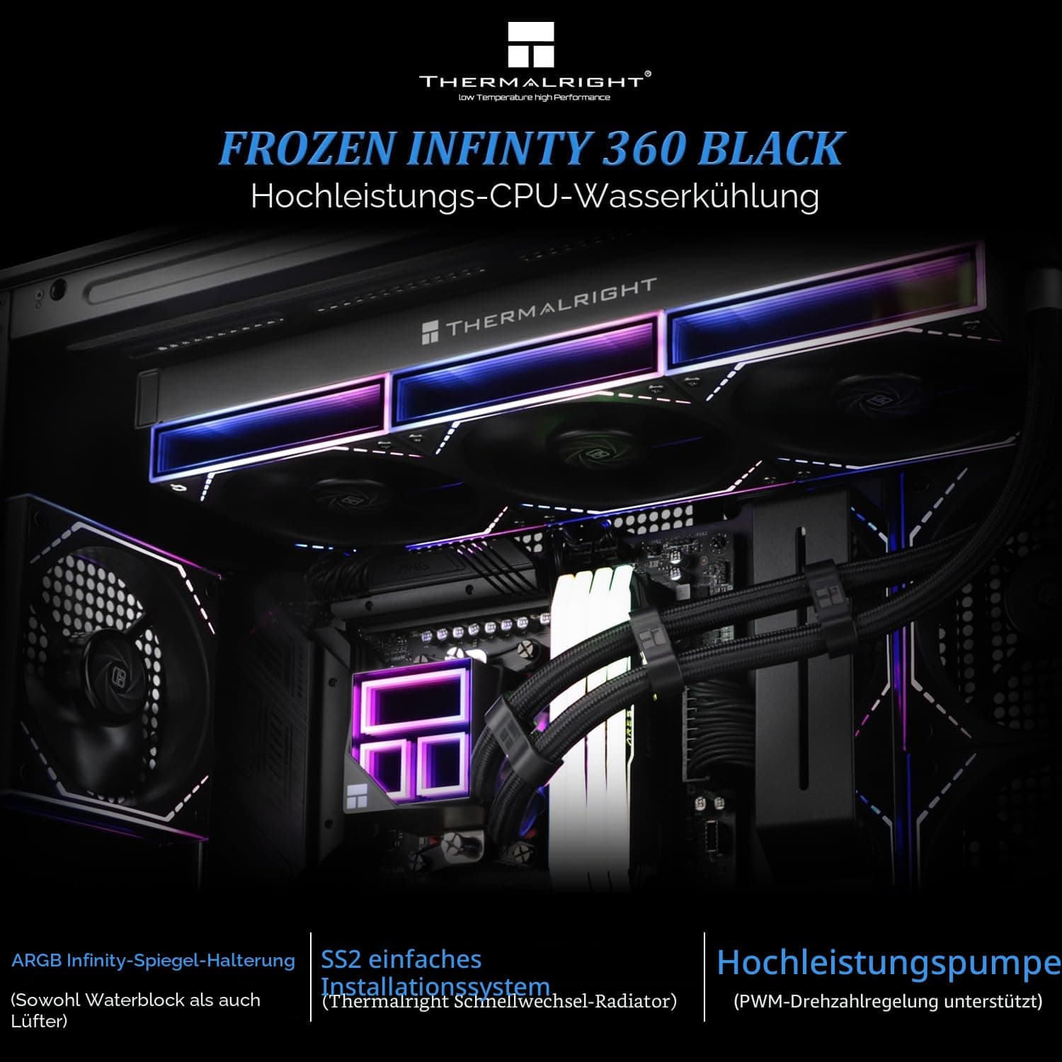 TR Frozen Infinity 360 CPU Aio Cooler, Lüfter TL-M12 x 3 PWM, Wasserkühler, Computerprozessor, ARGB Infinity Mirror, 360 CPU Liquid Cooling: LGA1851/1700/1150/1151/1200/2011, Ref 360MM BLACK-360MM Bild 2