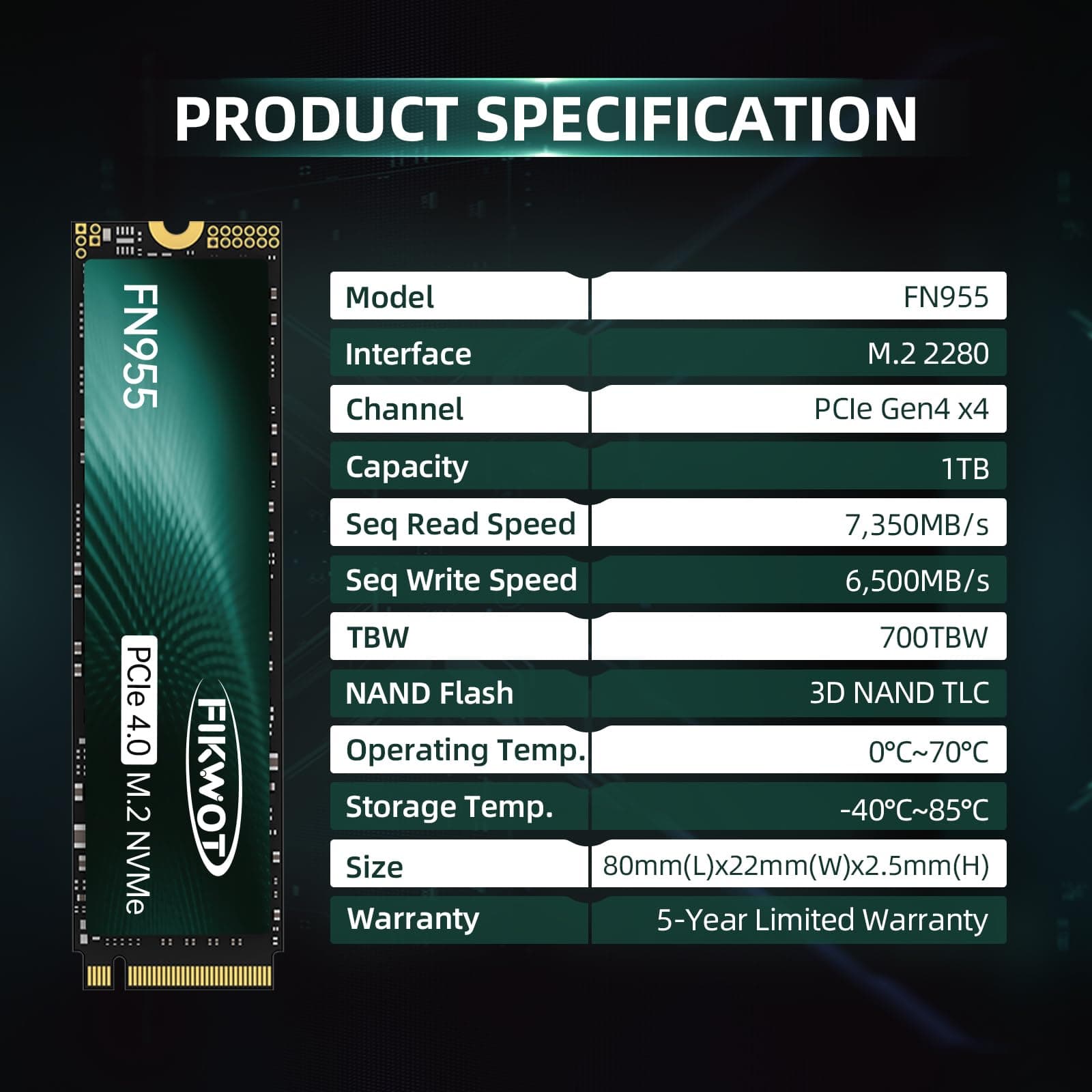 Fikwot FN955 1TB M.2 PCIe Gen4 Internes Solid State Drive mit Graphene Kühlaufkleber - Bis zu 7350 MB/s, Dynamischer SLC Cache, Kompatibel mit Laptops und PC Desktops Bild 7