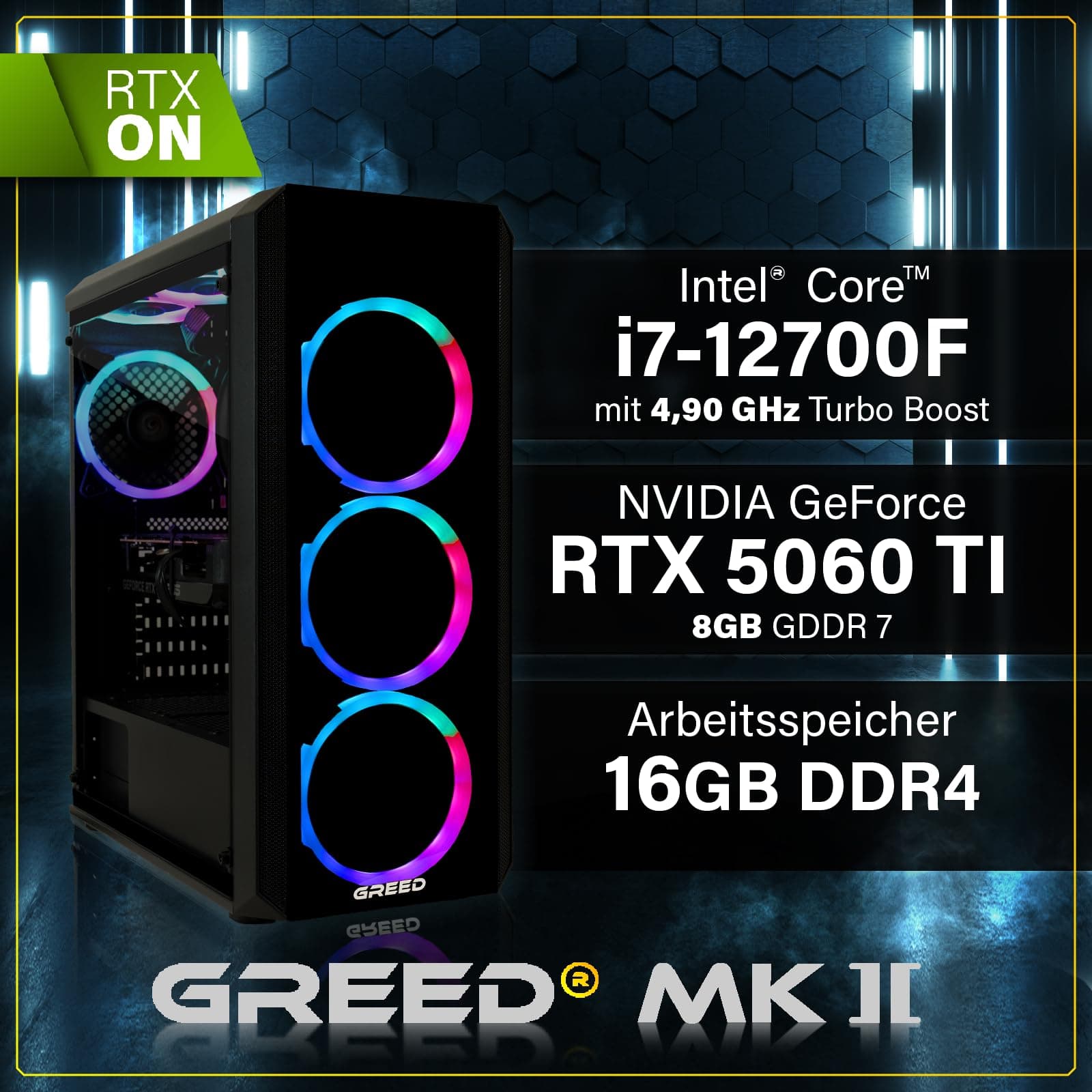 Greed® MK2 - High End Gaming PC - Intel Core i7 12700F & Nvidia Geforce RTX 5060 Ti (8GB) - Ultra Schneller RGB Computer + 4K Raytracing Rechner mit 4,9 GHZ - 16 GB DDR4 RAM - 1TB SSD - WLAN + W11 Pro MK2 | RTX 5060 Ti INTEL 16GB Bild 3