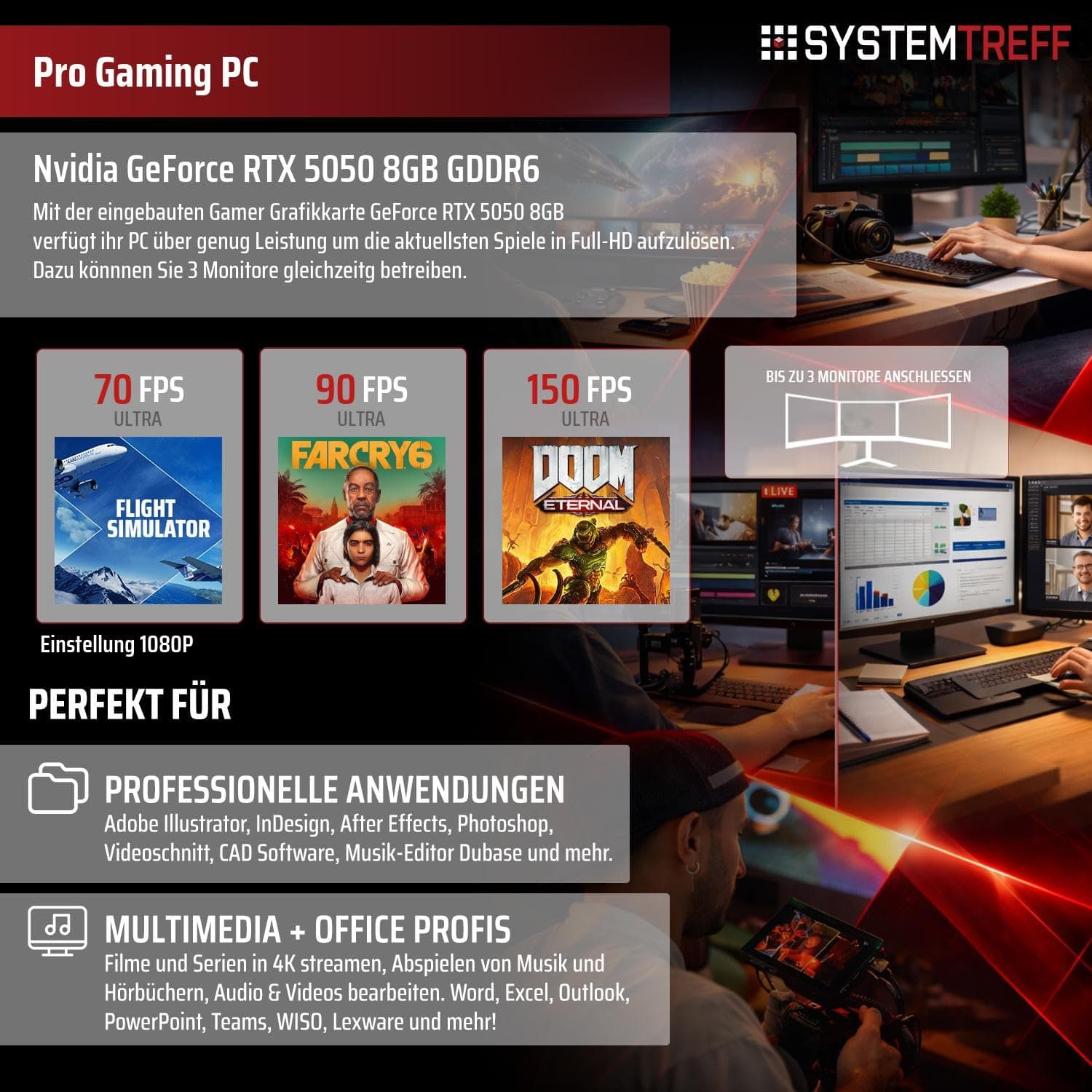 SYSTEMTREFF Gaming PC AMD Ryzen 7 5700X 8x4.6GHz | Nvidia RTX 5050 8GB DX12 | 512GB M.2 NVMe | 16GB DDR4 RAM | WLAN Desktop Computer Rechner für Gamer, Zocker & Streamer Bild 5
