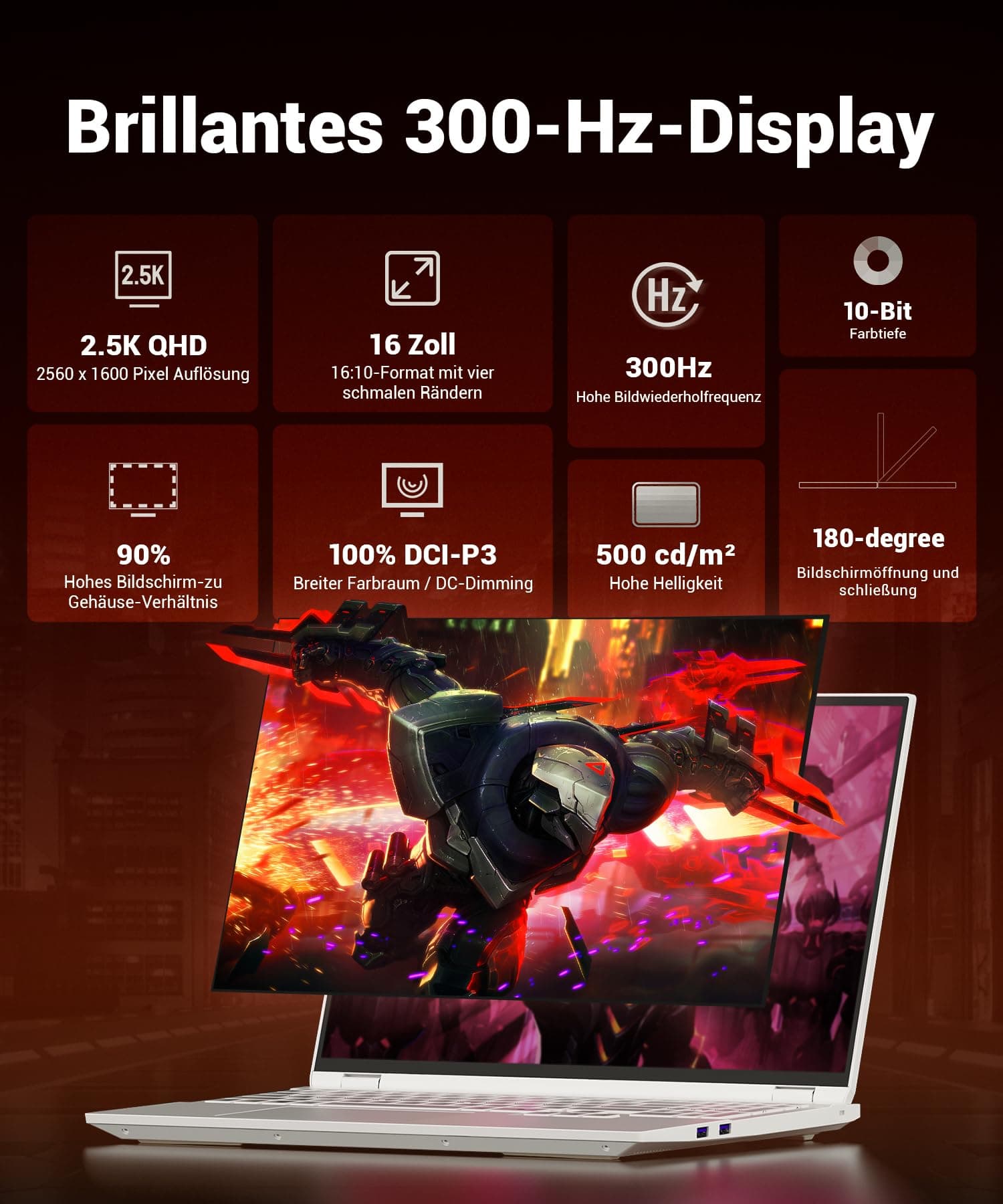 Gaming Laptop, 16'' QHD 300Hz (2560x1600) 2,5K, Core i7-13700HX, RTX 5060, 16GB DDR5 RAM, 1TB PCIe 4.0 SSD, 500nits, Wi-Fi 6E, BT5.3, Metall, Backlit, Weiß, Für Gamer & Content Creator Bild 5