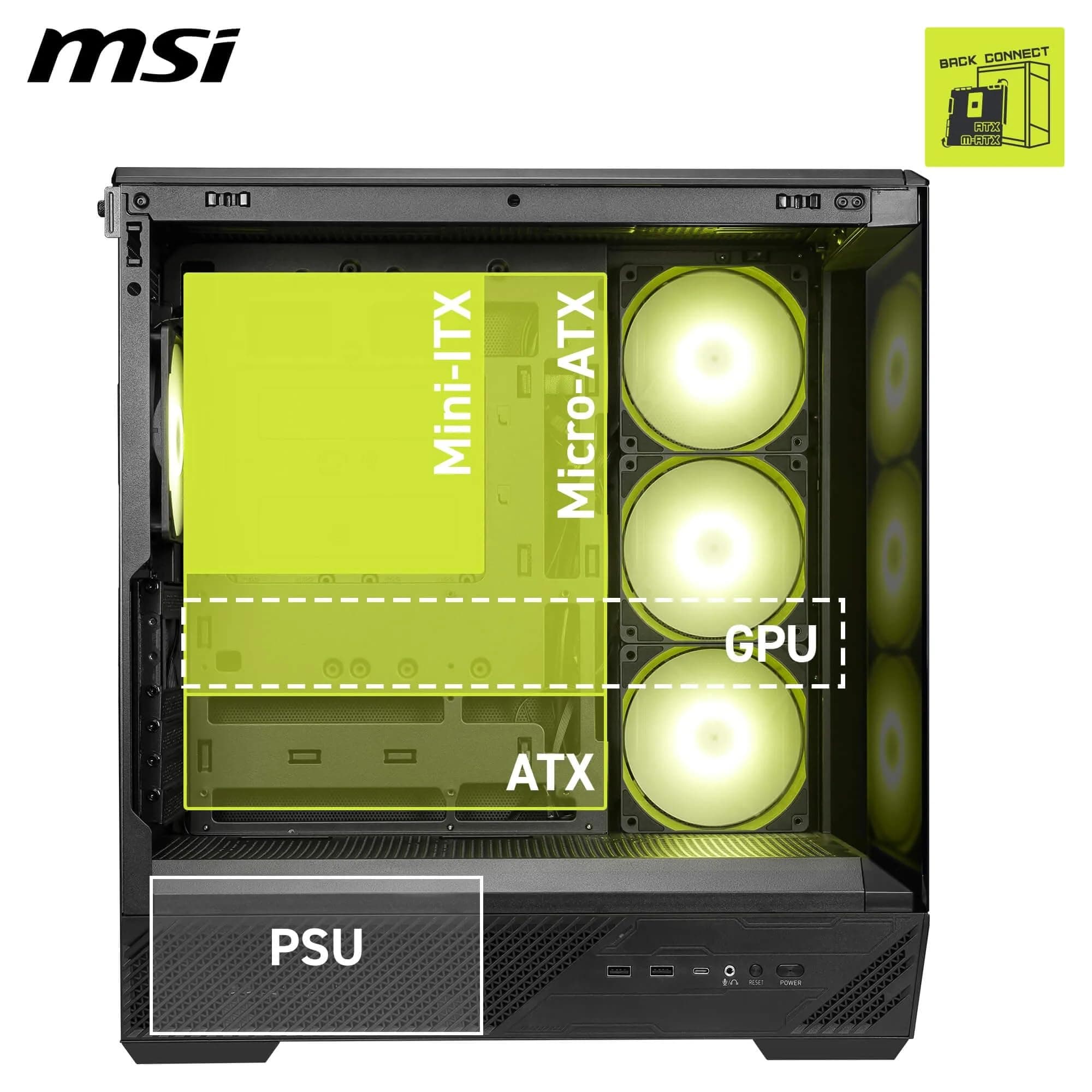 MSI MAG PANO 130R PZ – Mid-Tower-Gaming-PC-Gehäuse – Unterstützt GPUs mit Einer Länge von bis zu 400 mm, herausnehmbare Staubfilter, USB 20 Gbit/s (Typ C), Back-Connect-ATX- und Micro-ATX-Mainboards Bild 7
