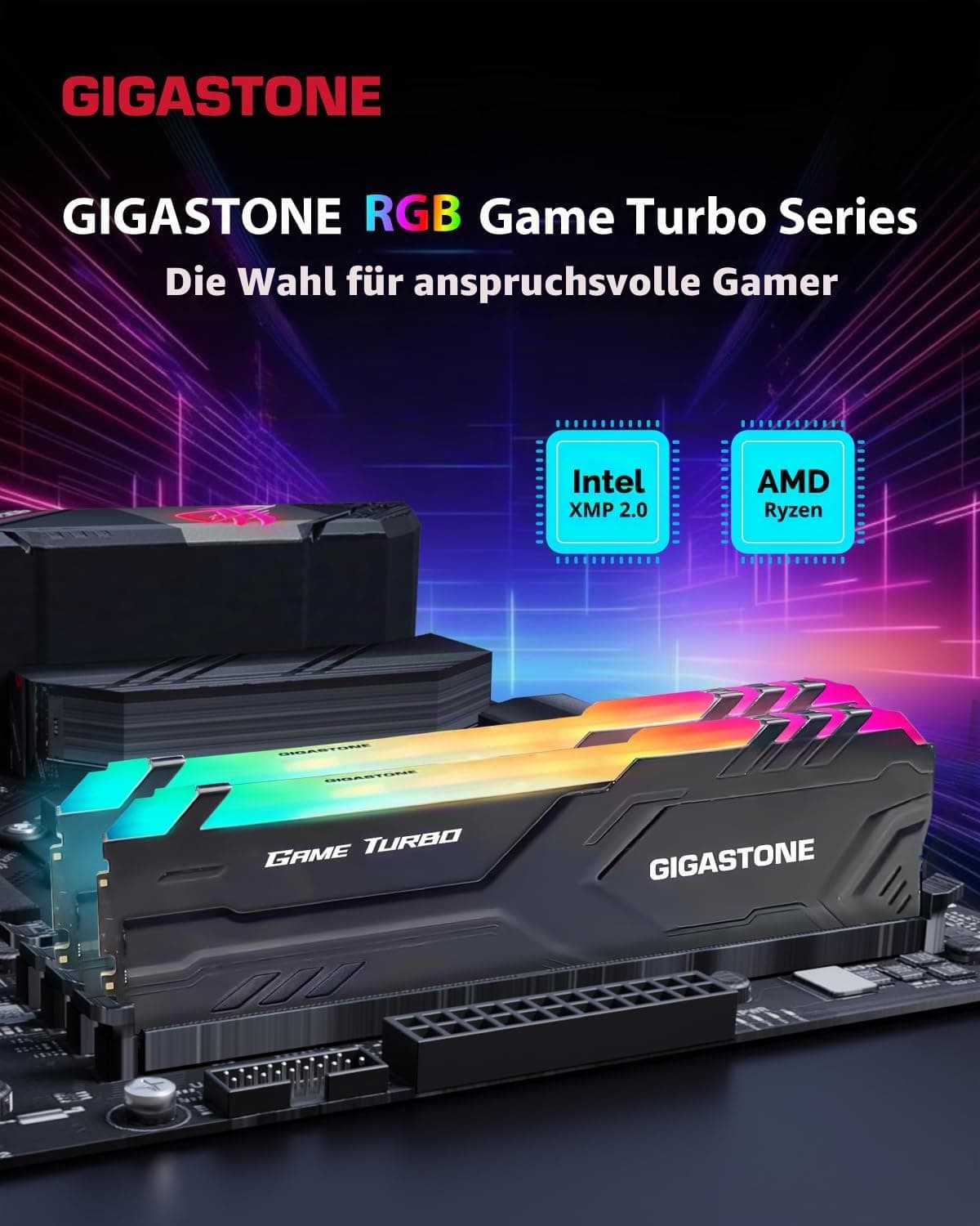 【RGB DDR4 RAM】GIGASTONE Game Turbo 8 GB x 2 (16 GB Kit) DDR4 3600MHz PC4-28800 CL 18-22-22-42 Intel XMP 2.0 AMD Ryzen 1.35V UDIMM 288 Pin Nicht-ECC ungepuffert Desktop hohe Leistung Speicher - Schwarz 2x8GB Schwarz DDR4 3600 MHz für Desktop Bild 3