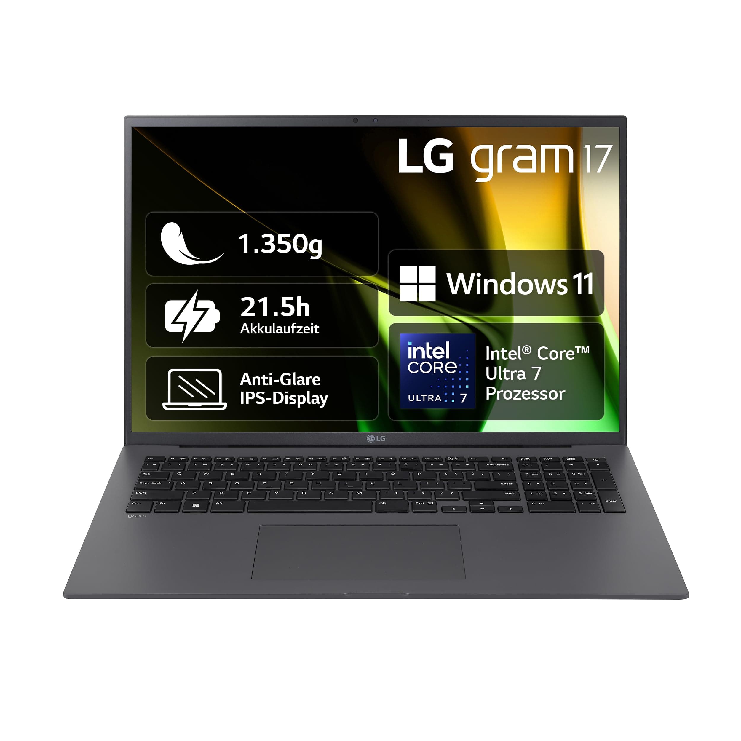 LG Gram 17 Zoll Laptop mit Intel Core Ultra 7, 32GB RAM, 2TB SSD, Windows 11, 16:10 IPS-Display, 17Z90S-G.AD7CG – Grau Intel Core Ultra 7, Intel Arc Grafikkarte 32GB RAM, 2TB Dual SSD
