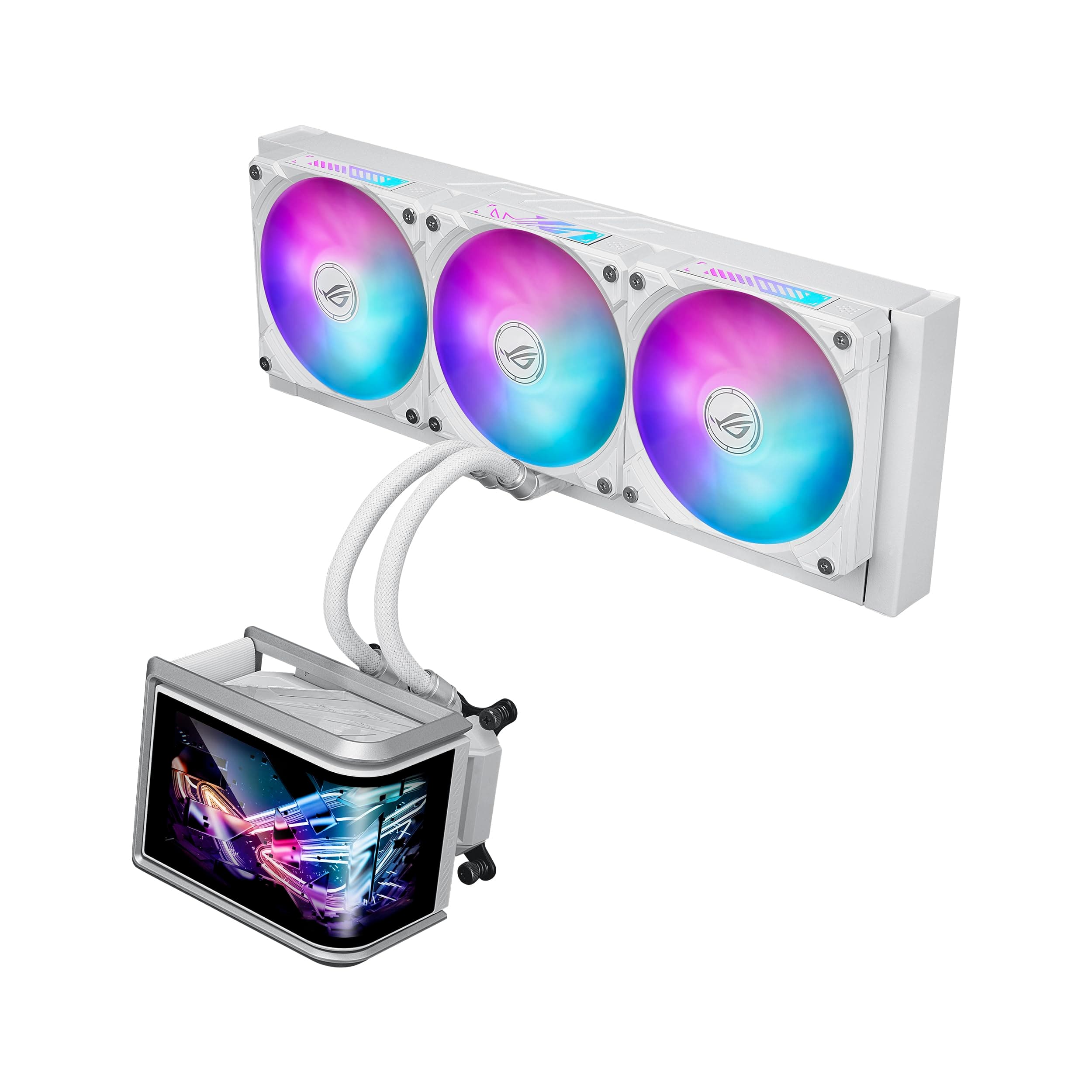 ASUS ROG Ryuo IV SLC 360 ARGB White Edition ARGB All-in-One-CPU-Wasserkühlung (6,67-Zoll-AMOLED-Display, 3D-Videos, 200mm-Schläuche, Daisy-Chain-Lüfter, Intel LGA 1851, 1700, AMD AM5, AM4, Weiß) Bild 2