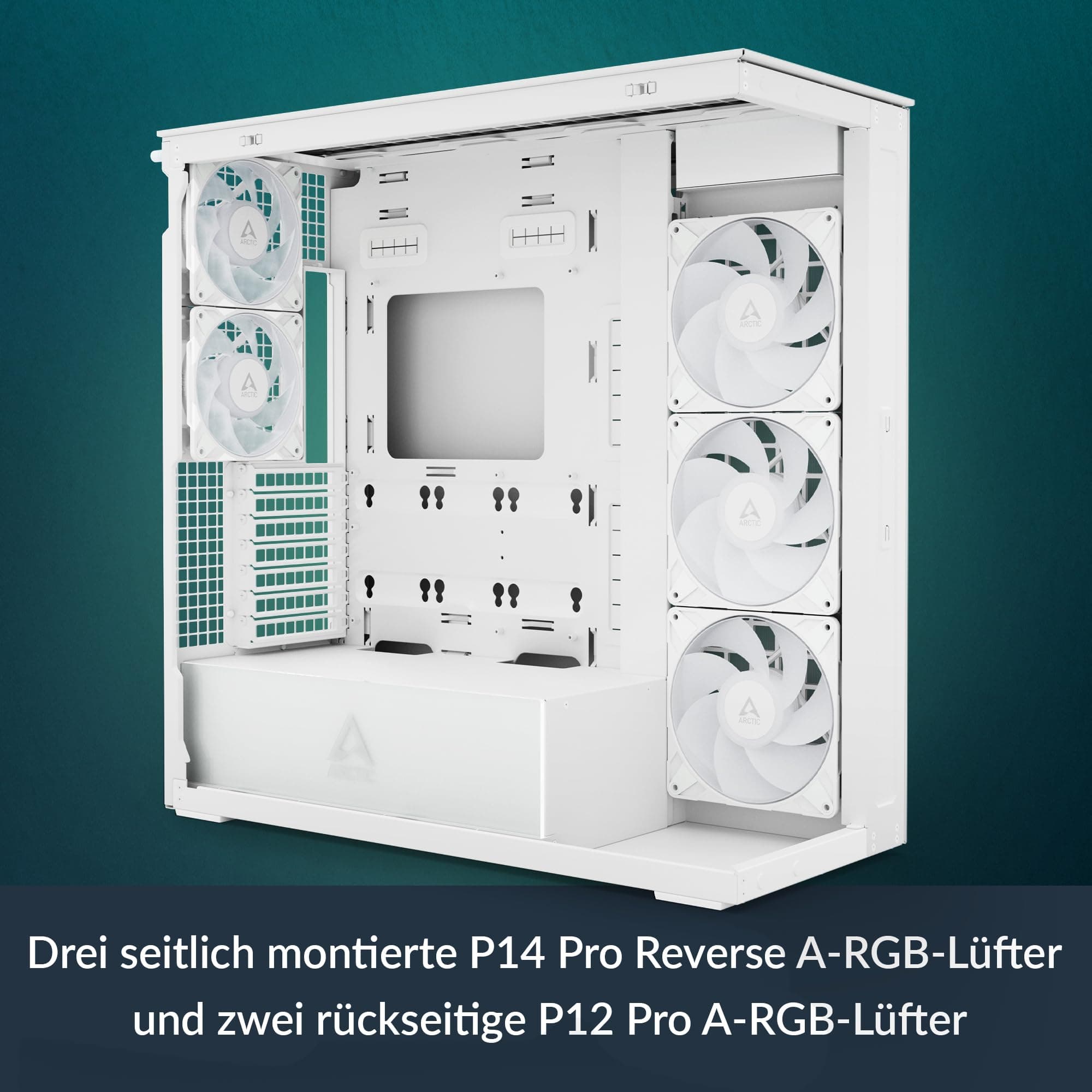 ARCTIC Xtender White (Clear Glass) - PC-Gehäuse, Gehärtetes Panorama-Glas, 2X 420 mm Radiator Support, Full Tower, Big Tower, E-ATX, 5X A-RGB Lüfter vormontiert - Weiß white clear Bild 4