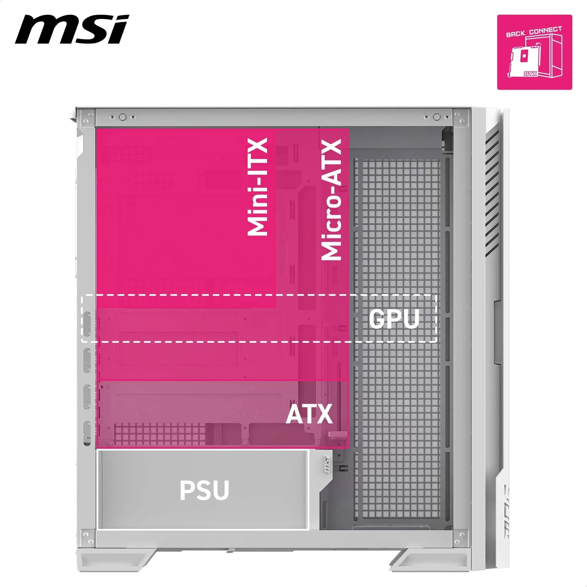 MPG Velox 300R Airflow PZ White - Mid Tower Gaming-PC-Gehäuse - 160 mm Dual-Layer-Lüfter - Unterstützt Radiatoren mit bis zu 360 mm - Einfache DIY-Funktionen - Unterstützt Back-Connect Mainboards Bild 7