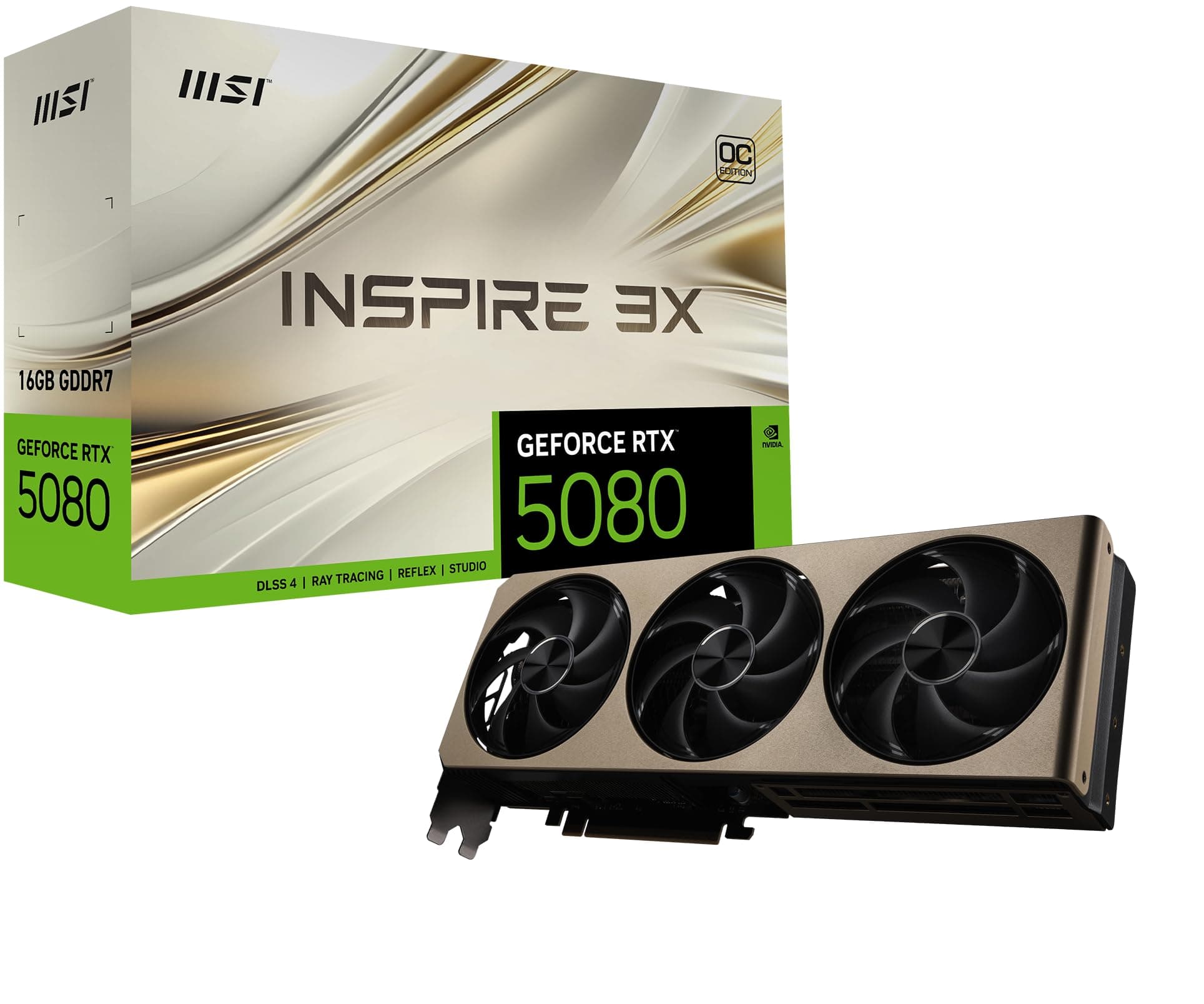MSI Gaming RTX 5080 16G INSPRIE 3X OC Grafikkarte (16GB GDDR7, 256-Bit, Extreme Clock TBD MHz, DisplayPort x 3 2.1a, HDMI 2.1b, NVIDIA Blackwell Architecture)