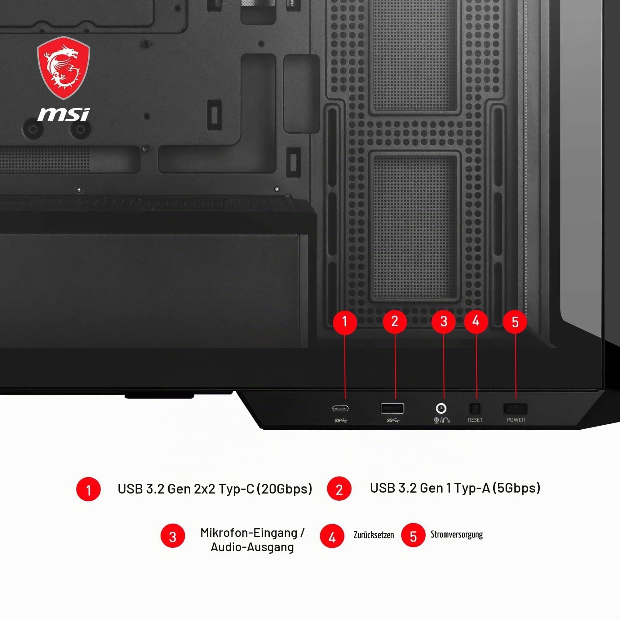 MSI MAG PANO M100L PZ ATX PC-Gehäuse, GPU-Support-Ständer, Füllstandsanzeige, Staubfilter, 33 mm Kabeldurchlass, USB Typ-C (20Gbps) Bild 7