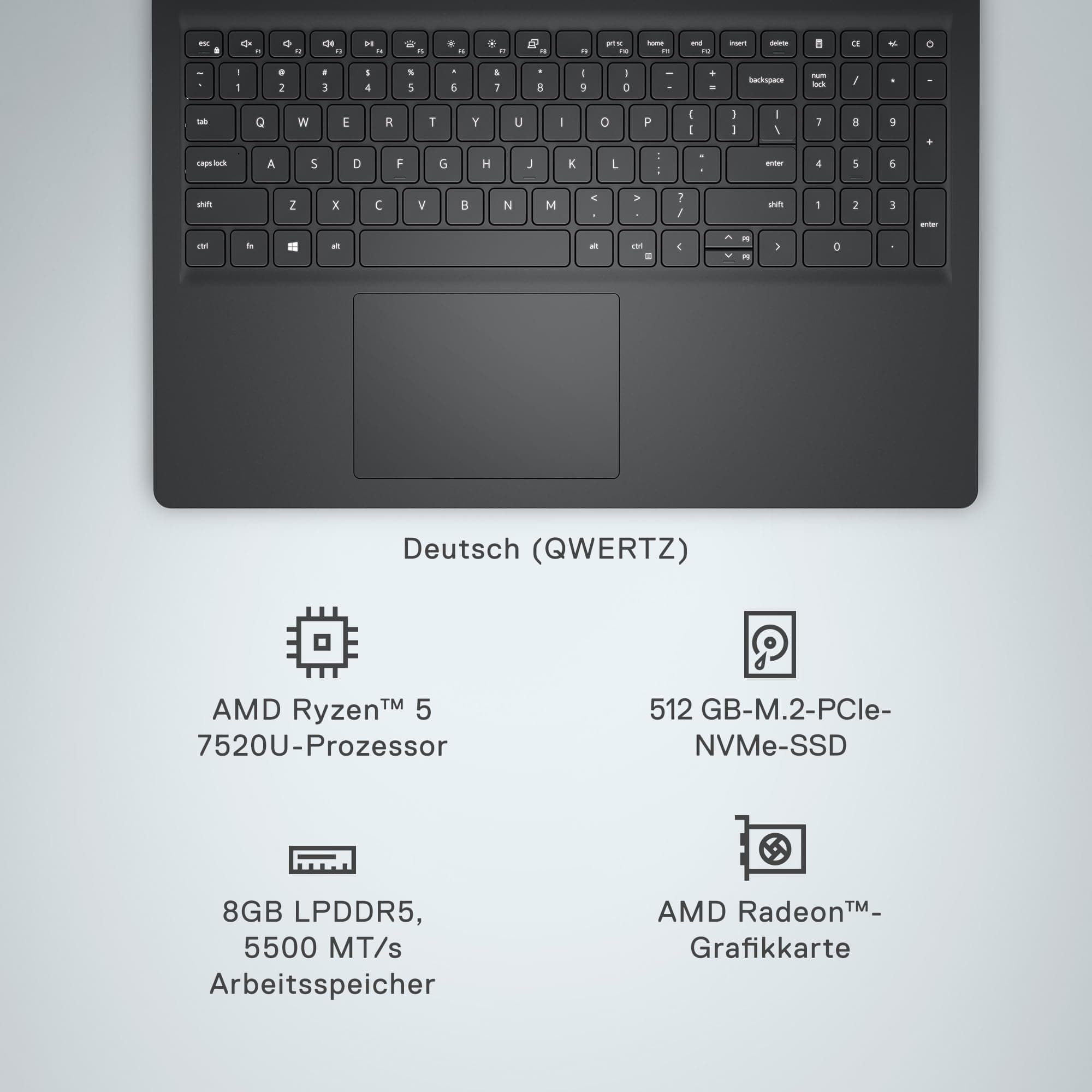 Dell Inspiron 15 3535 Laptop 15.6 Inch FHD 120Hz, AMD Ryzen 5 7520U, 8GB RAM LPDDR5, 512GB SSD, AMD Radeon Graphics, Intel Wi-Fi 6, Windows 11 Home, German QWERTY Black Ryzen 5 7520U 8 GB 512GB Bild 8