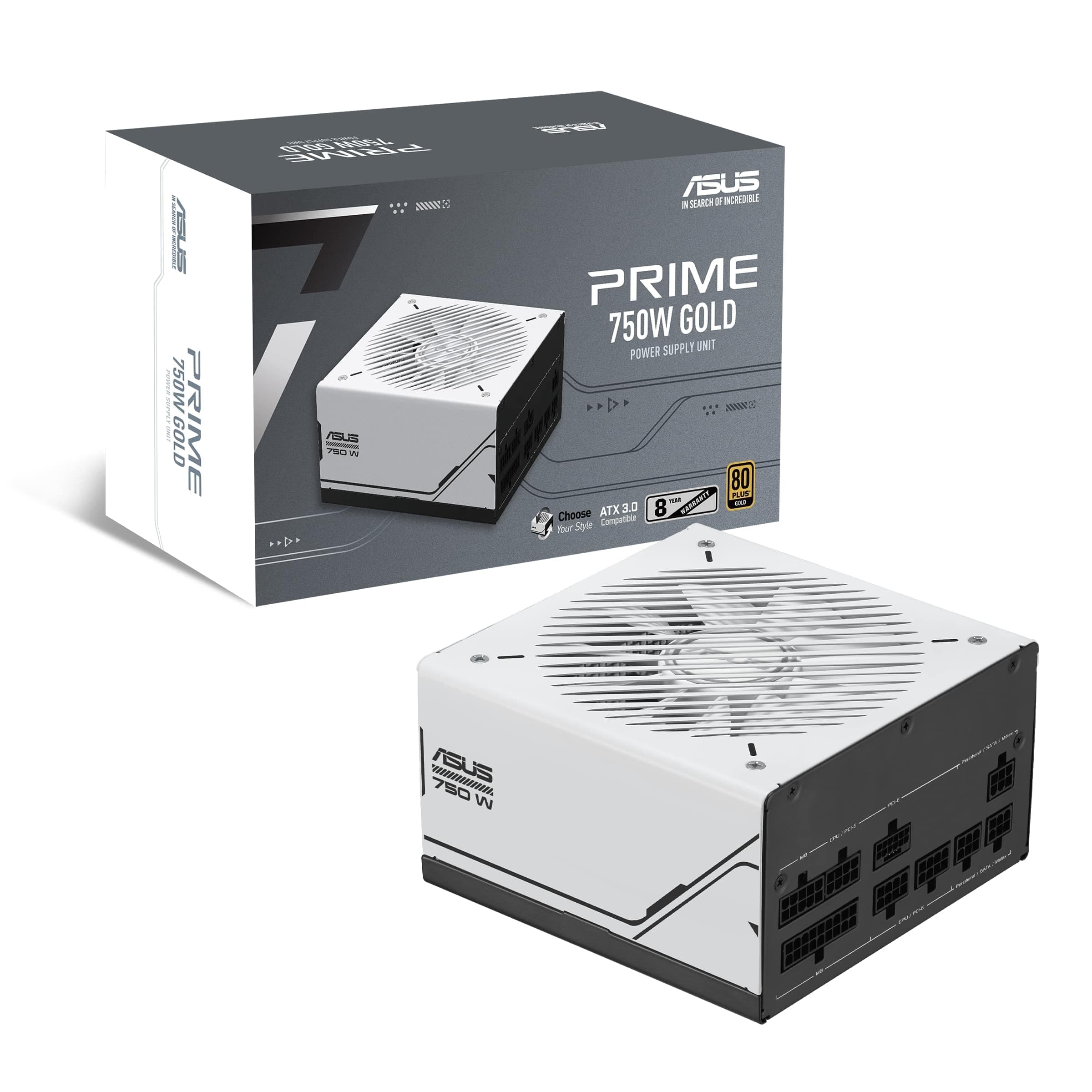 ASUS Prime 750W Gold Netzteil ohne Originalverpackung (750 Watt, für Allround-PCs und Gaming-PCs, 80 PLUS Gold Zertifizierung, ATX 3.0 kompatibel, Lüfter mit Doppelkugellagern, schwarz / weiß) Bild 2