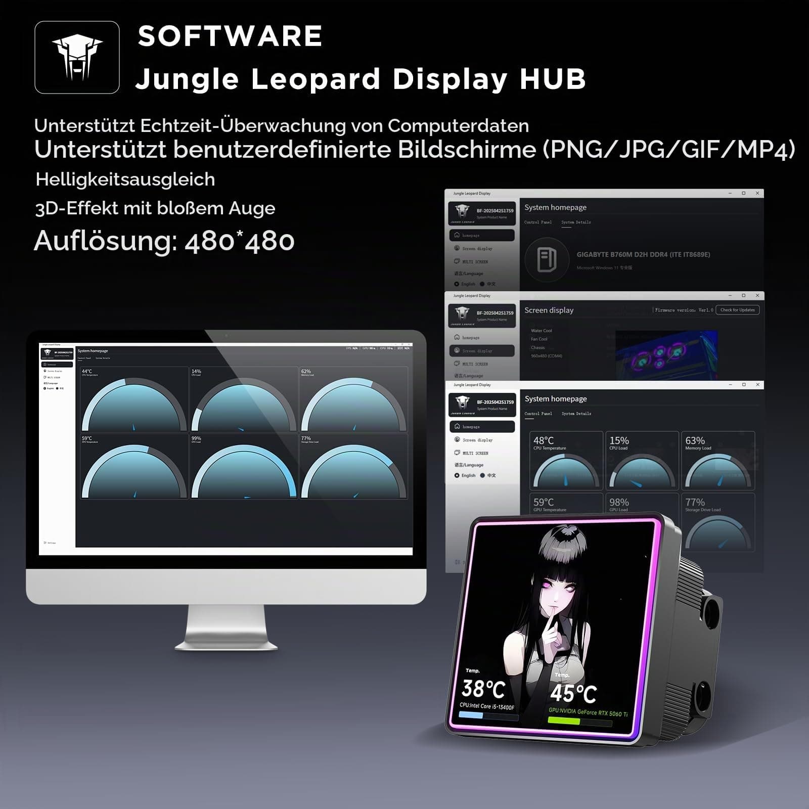TZMRIT PF360-SE Aio Wasserkühlung 360mm mit 4'' LCD Screen Display,ARGB Infinity Mirror 2000RPM PWM Lüfter,für AM4/AM5& Intel LGA1851/1700 (BK) Black Bild 5