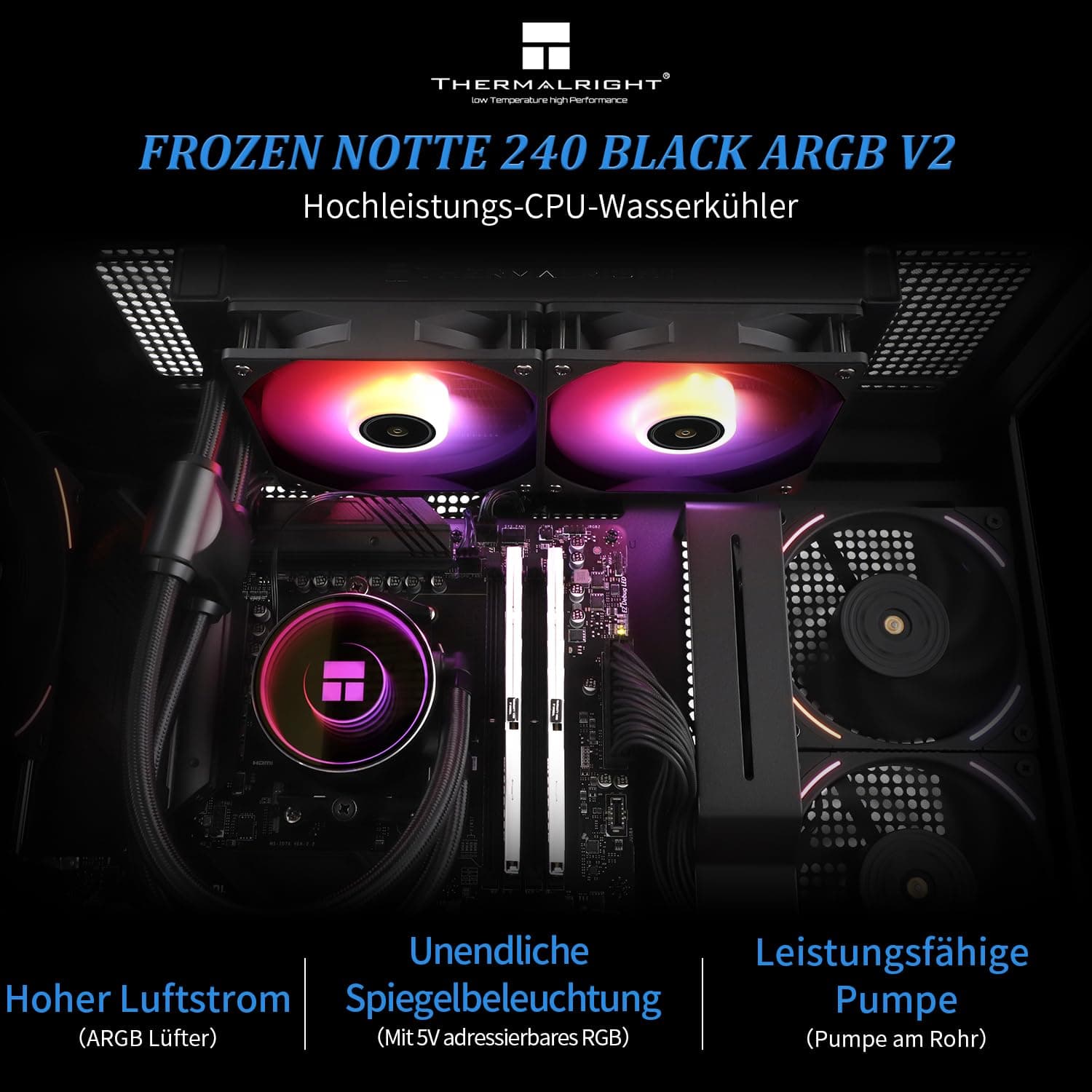 Thermalright Frozen Notte 240 Schwarzer Argb V2 Wasserkühlung CPU-Kühler, 240 Spezifikation CPU Flüssigkühler,doppelte PWM-Lüfter,S-FDB-Lager,geeignet für AM4/AM5, Intel LGA 1851/1700/115x/1200/2011 Bild 3