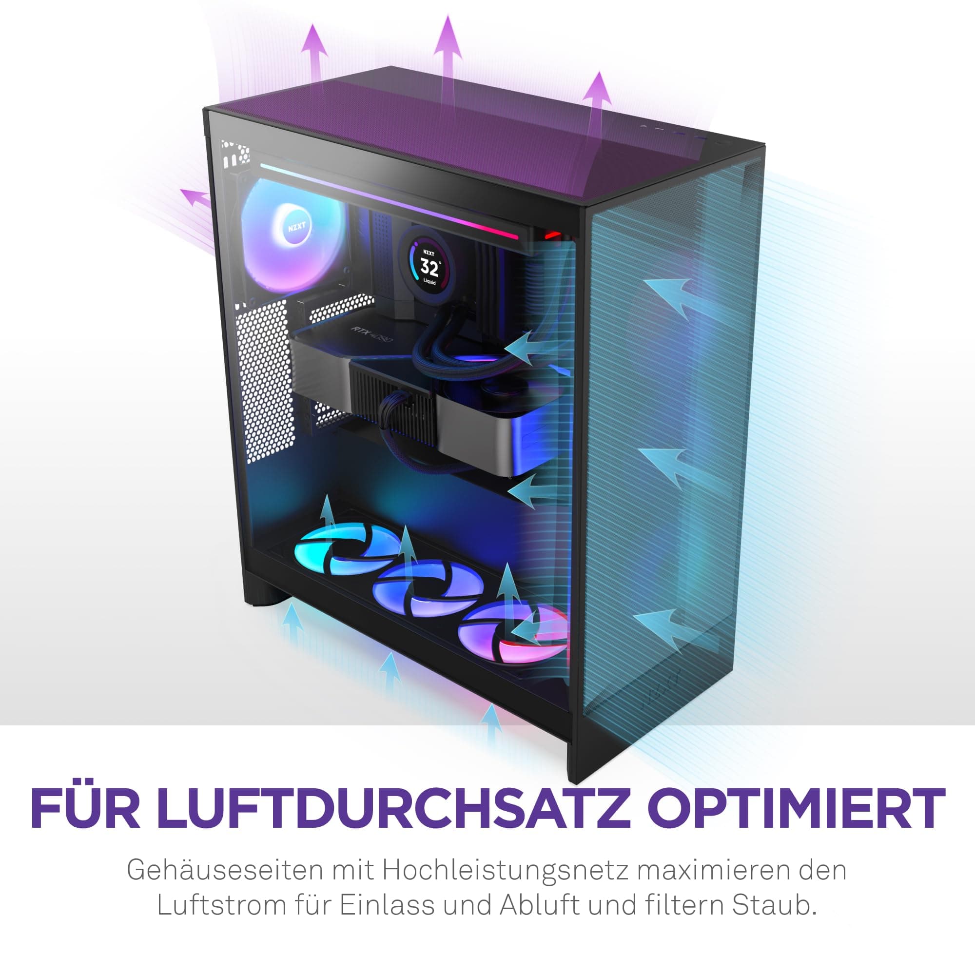 NZXT H7 Flow | Mid-Tower-ATX-Airflow-Gehäuse | Bis zu 3 x 120-mm-Lüfter im Boden zur direkten GPU-Kühlung | 3 x 120-mm-Frontlüfter | 420-mm-Kühler-Trägerplatte vorn | Schwarz Bild 7