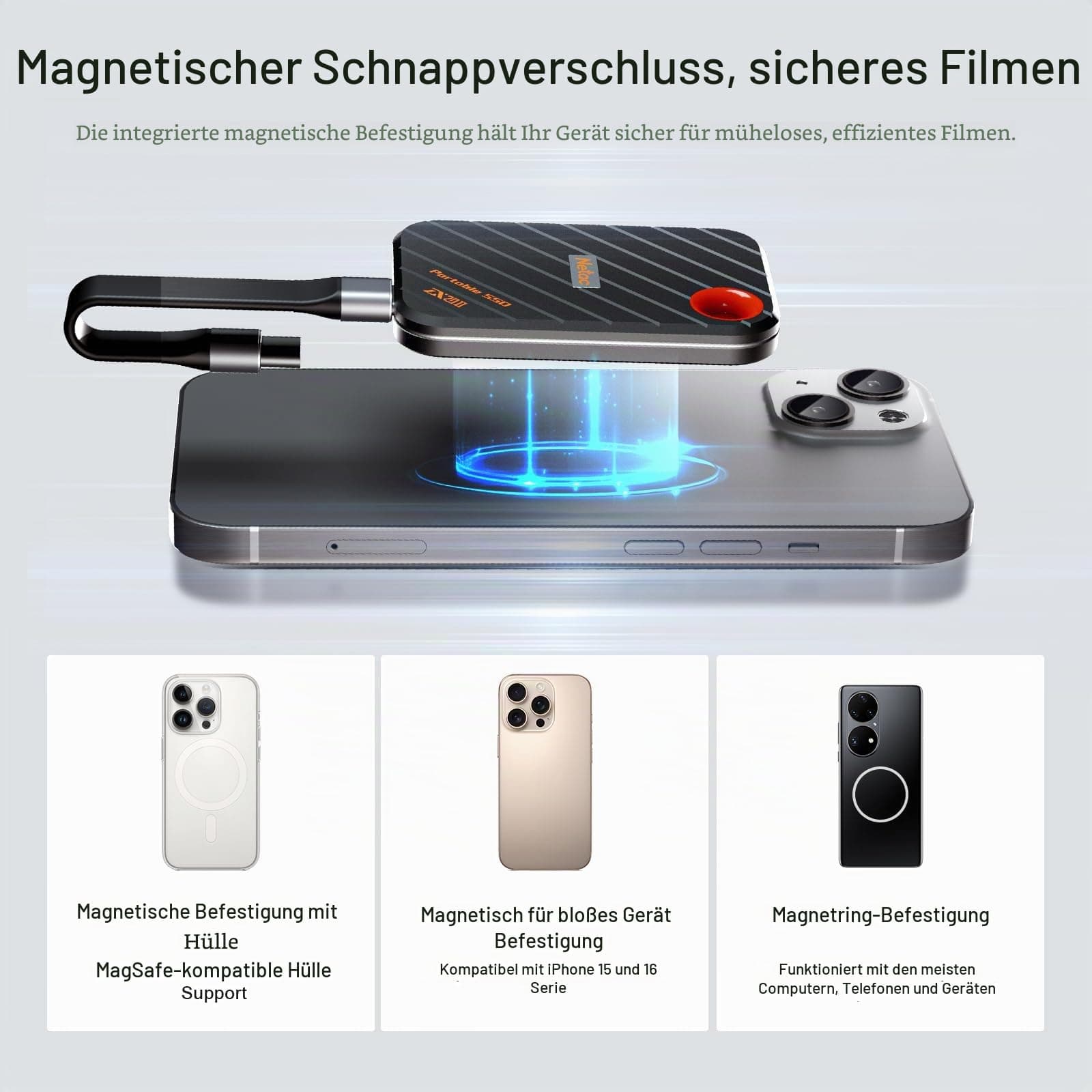 Netac ZX20 II 1TB Portable SSD NVMe Externe Festplatte, USB 3.2-C, Lesegeschwindigkeit bis zu 2000MB/s, Externe Solid State Laufwerke (magnetisches Design, stoß- und fallfest) Bild 5