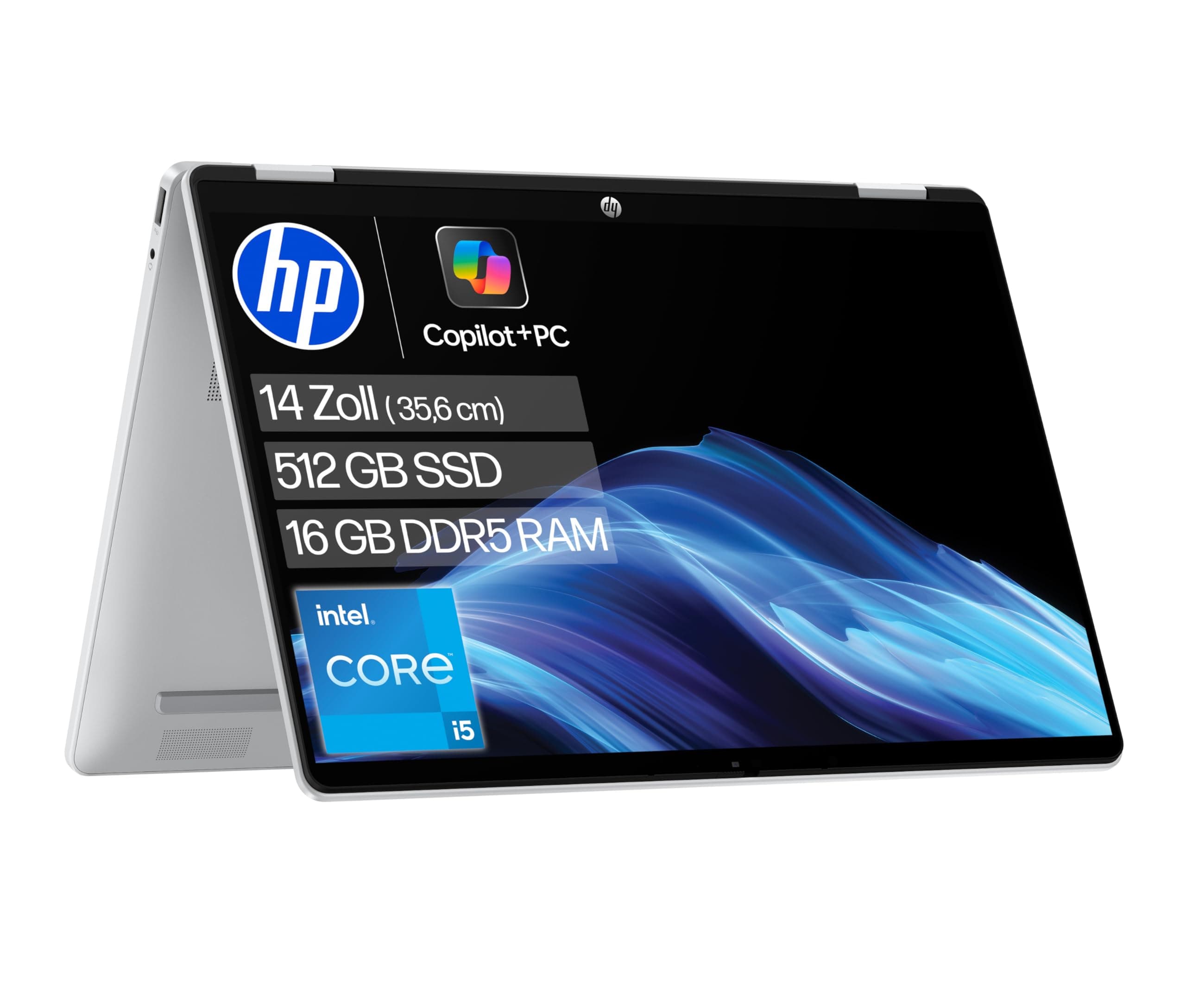 HP OmniBook 5 Flip 14-fp0254ng 2 in 1 Convertible Laptop, 14 Zoll 2K-Touchscreen (1920 x 1200), Intel Core i5-1334U, 16 GB RAM, 512 GB SSD, QWERTZ, Windows 11 Home, Silber Intel Core i5-1334U Intel Iris Xe-Grafikkarte