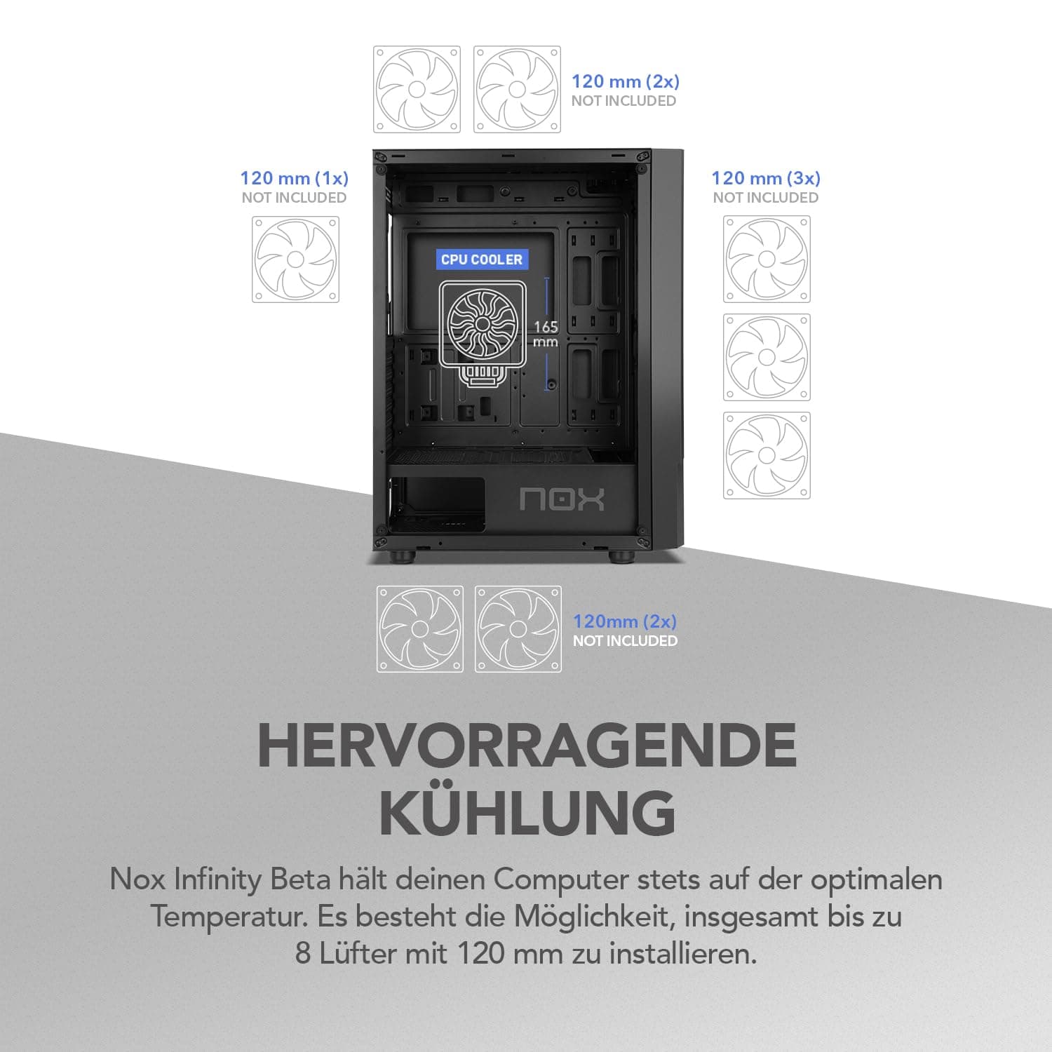 NOX Xtreme Products Infinity BETA – Micro-ATX/ITX Midi-Tower mit Seitenfenster aus gehärtetem Glas, Mesh-Front, Platz für 8 Lüfter, kompatibel mit Grafikkarten bis 300 mm, USB 3.0, Schwarz Bild 6