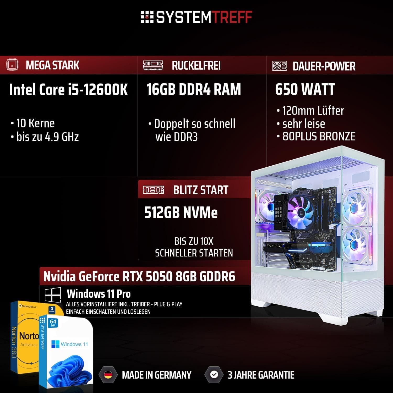 SYSTEMTREFF Gaming PC weiß Intel Core i5-12600K 6x4.9GHz | Nvidia RTX 5050 8GB DX12 | 512GB M.2 NVMe | 16GB DDR4 RAM | Windows 11 | WLAN Desktop Computer Rechner für Gamer, Zocker & Streamer Bild 2