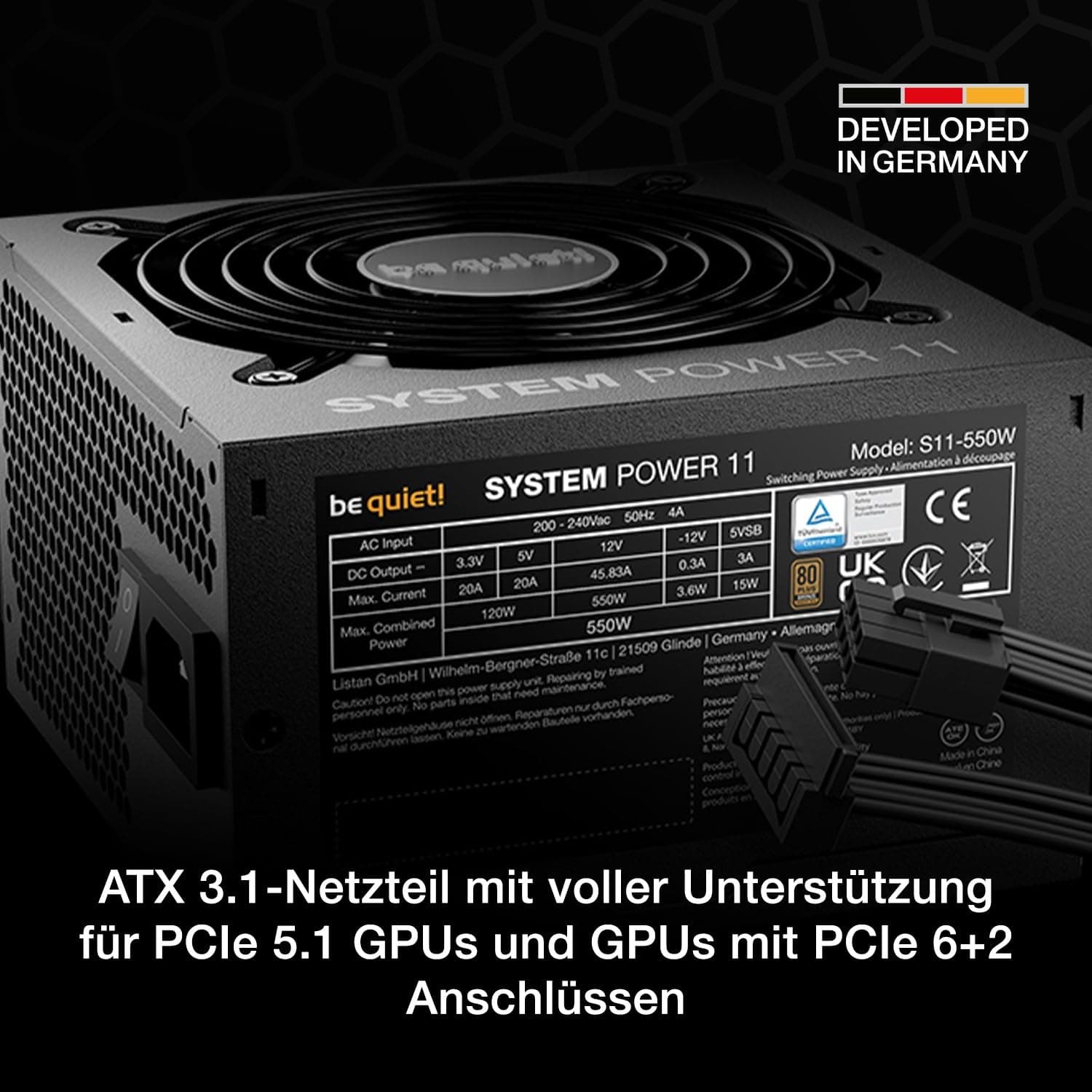 be quiet! System Power 11 550W Netzteil, ATX 3.1-Netzteil, volle Unterstützung für PCIe 5.1 GPUs, 120mm be quiet! Lüfter, Starke 12V-Leitung, DC/DC-Wandler, 80 Plus® Bronze Effizienz Bild 3