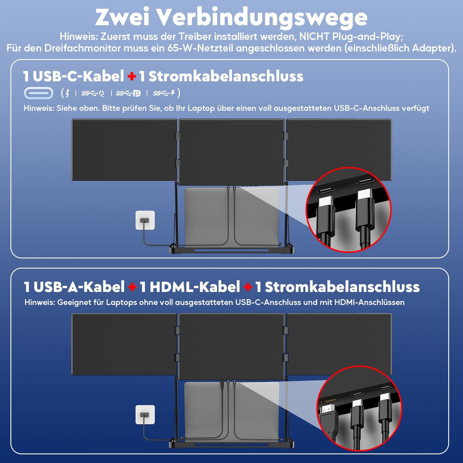 HONGO Laptop Bildschirm Erweiterung, 15.6" Triple Portable Monitor, 1080P FHD IPS Portable 3 Monitor, Laptop Screen Extender, Kompatibel mit Wins/Mac Laptops (Nur 2 Kabel für 3 Bildschirme) Triple 15,6 zoll Schwarz Bild 7