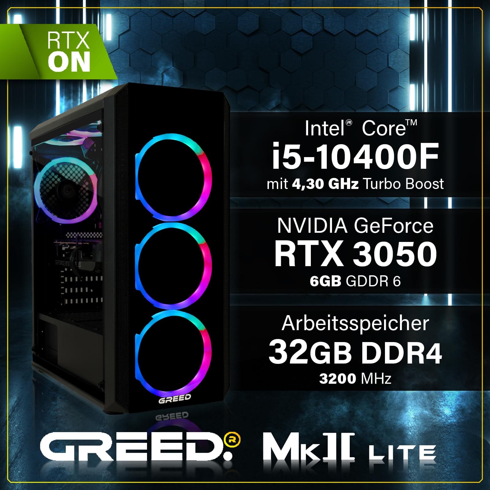 Greed® MK2 Lite - Entry Gaming PC mit Intel Core i5 10400F + Nvidia Geforce RTX 3050 - Ultra Schneller RGB Computer + 4K Raytracing Rechner mit 4,30 GHZ - 32 GB DDR4 RAM - 512 GB SSD - WLAN + W11 Pro MK2 LITE | Entry INTEL 32GB Bild 3