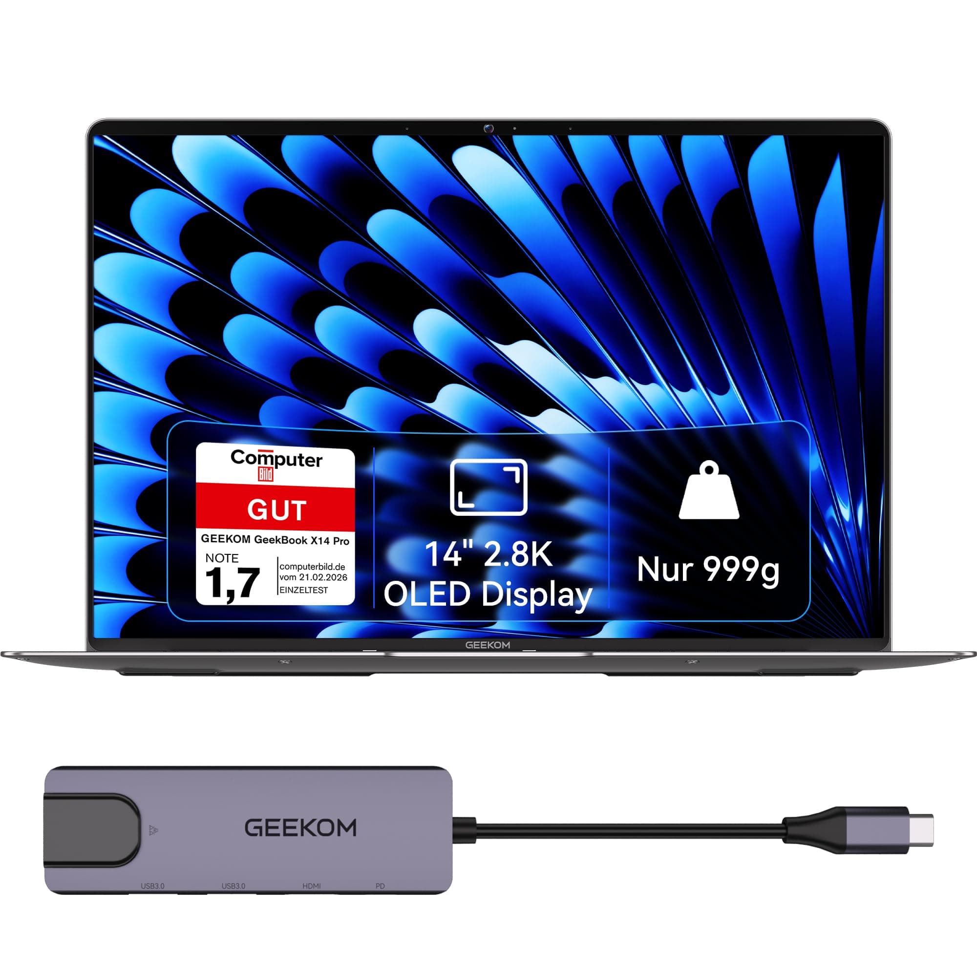 GEEKOM GeekBook X14 Pro Laptop, 999 g Ultraleicht, 14" 2.8K OLED, Ultra 9-185H, 32GB LPDDR5x RAM 7500MT/s, 1TB SSD, 2X USB4, Fingerprint & Webcam-Schieber, bis zu 16 h Akku, Copilot+, Windows 11 Pro GeekBook X14 Pro U9 32GB+1T