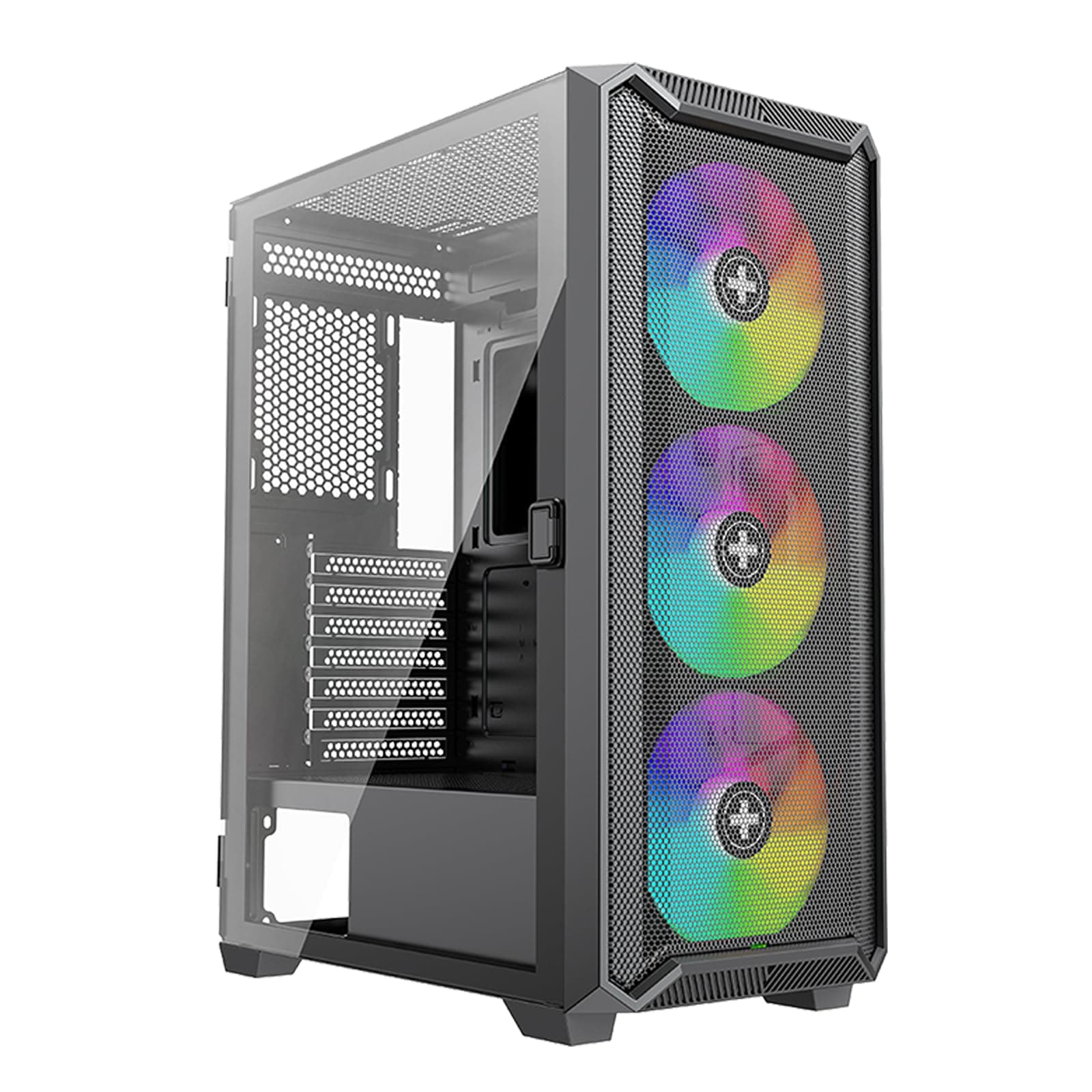 Xilence X613 XILENT BLADE II Gaming PC Gehäuse, 3x 120mm ARGB Lüfter, ATX Midi Tower Case, Mesh Front Panel für guten Airflow und PWM/ARGB Control Board, schraubenloses Glas Side Panel schwarz Midi Tower, mid 1