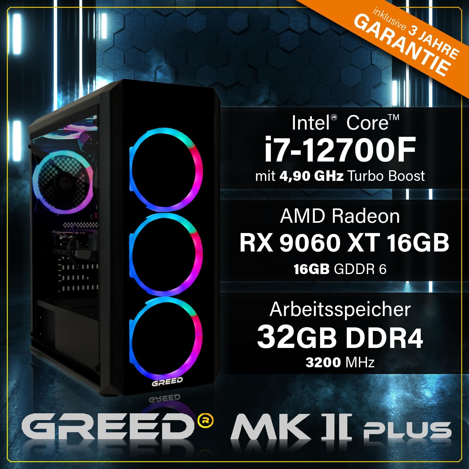 Greed® MK2 Plus - High End Gaming PC – Intel Core i7-12700F + RX 9060 XT 16GB - Schneller RGB Computer + 4K Raytracing Rechner mit 4,9 GHZ - 32GB DDR4 RAM - 1TB SSD + 750W Netzteil - WLAN + W11 Pro MK2 PLUS | 9060 XT INTEL 32GB Bild 3