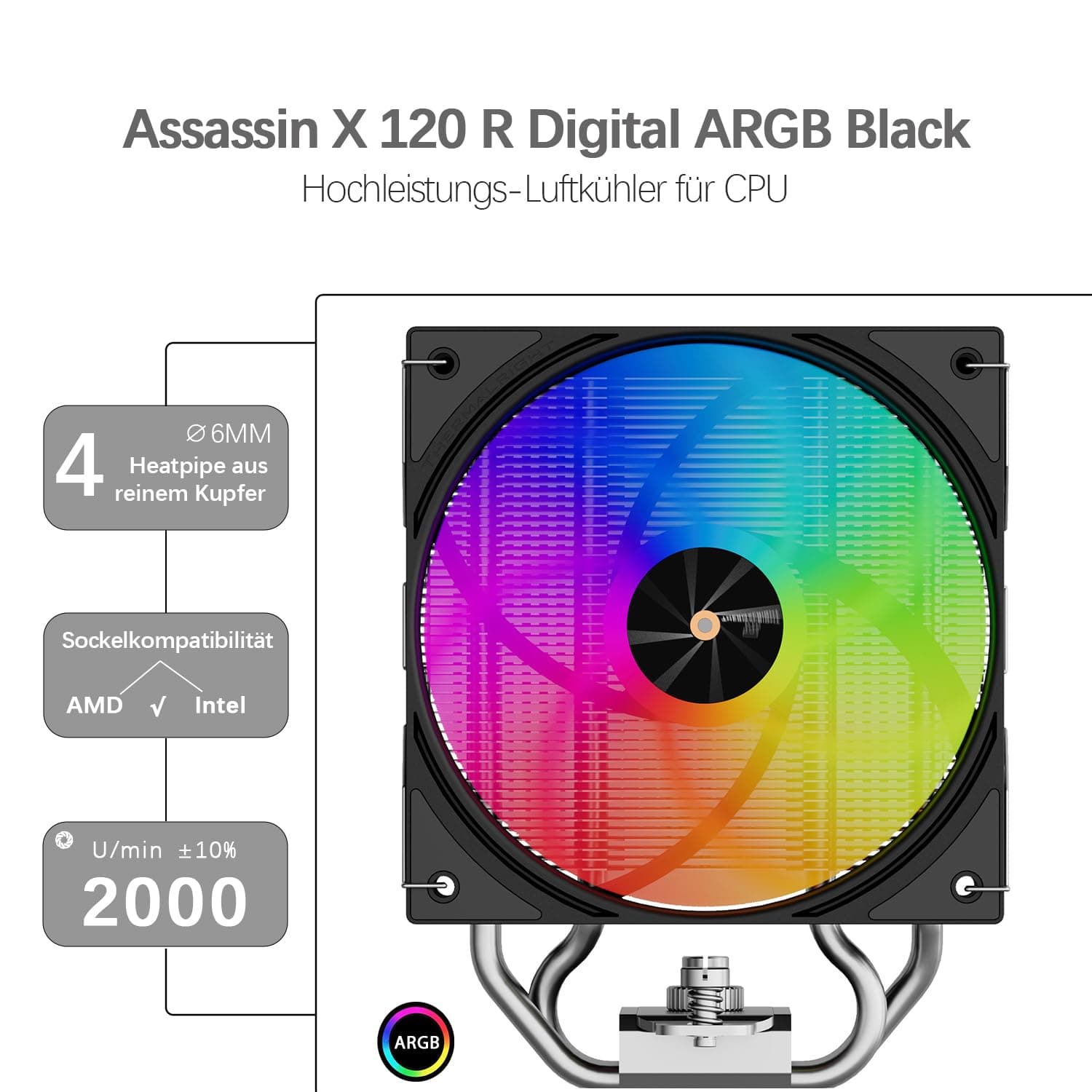 TR-Thermalright Assassin X 120 Digital ARGB Schwarzer CPU-Kühler, 4x6mm Wärmerohre,120mm ARGB-Lüfter-2000U/min, Digital Display Board Top Cover, für AM5/AM4, Intel lga1851/1700, Schwarz Bild 3