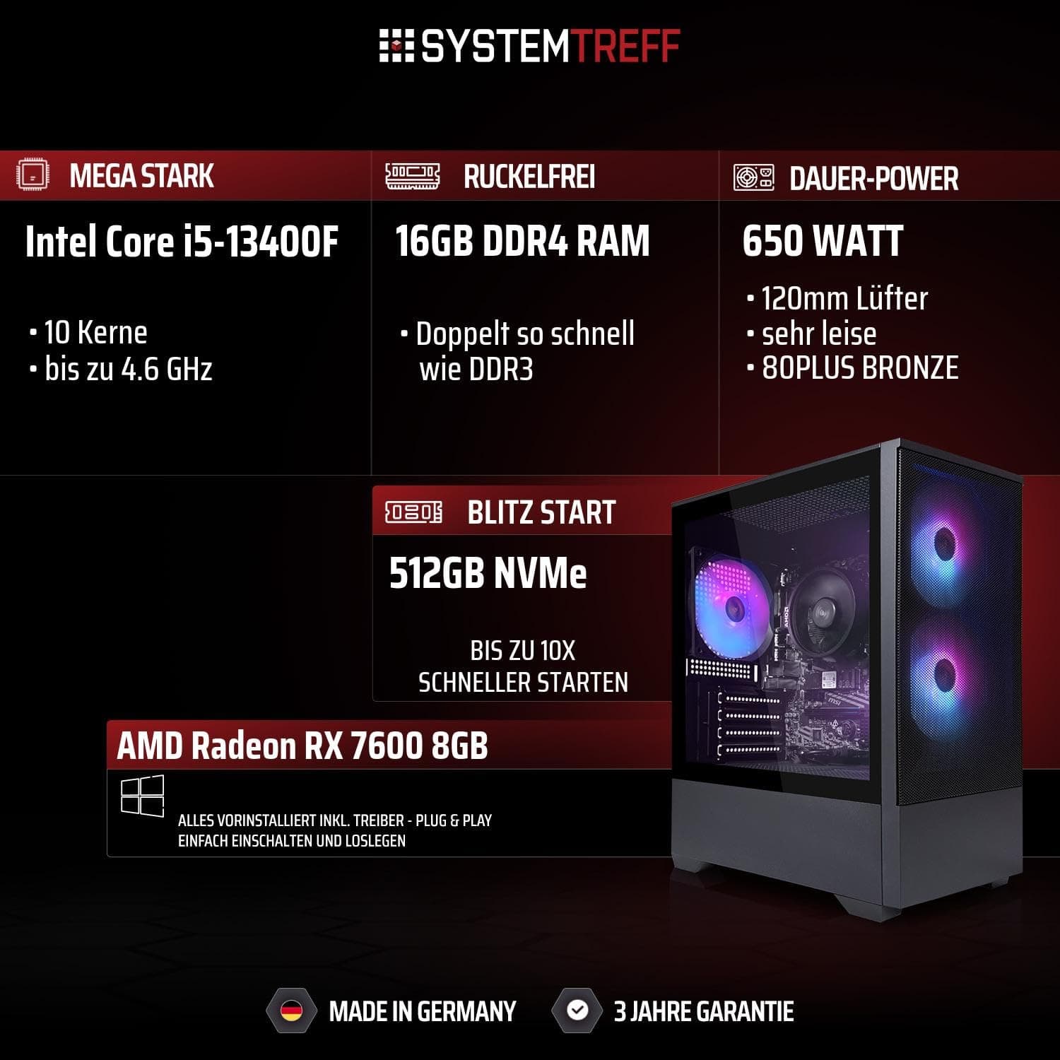 SYSTEMTREFF Gaming PC Intel Core i5-13400F 6x4.6GHz | AMD Radeon RX 7600 8GB DX12 | 512GB M.2 NVMe | 16GB DDR4 RAM | WLAN Desktop Computer Rechner für Gamer, Zocker & Streamer Bild 2