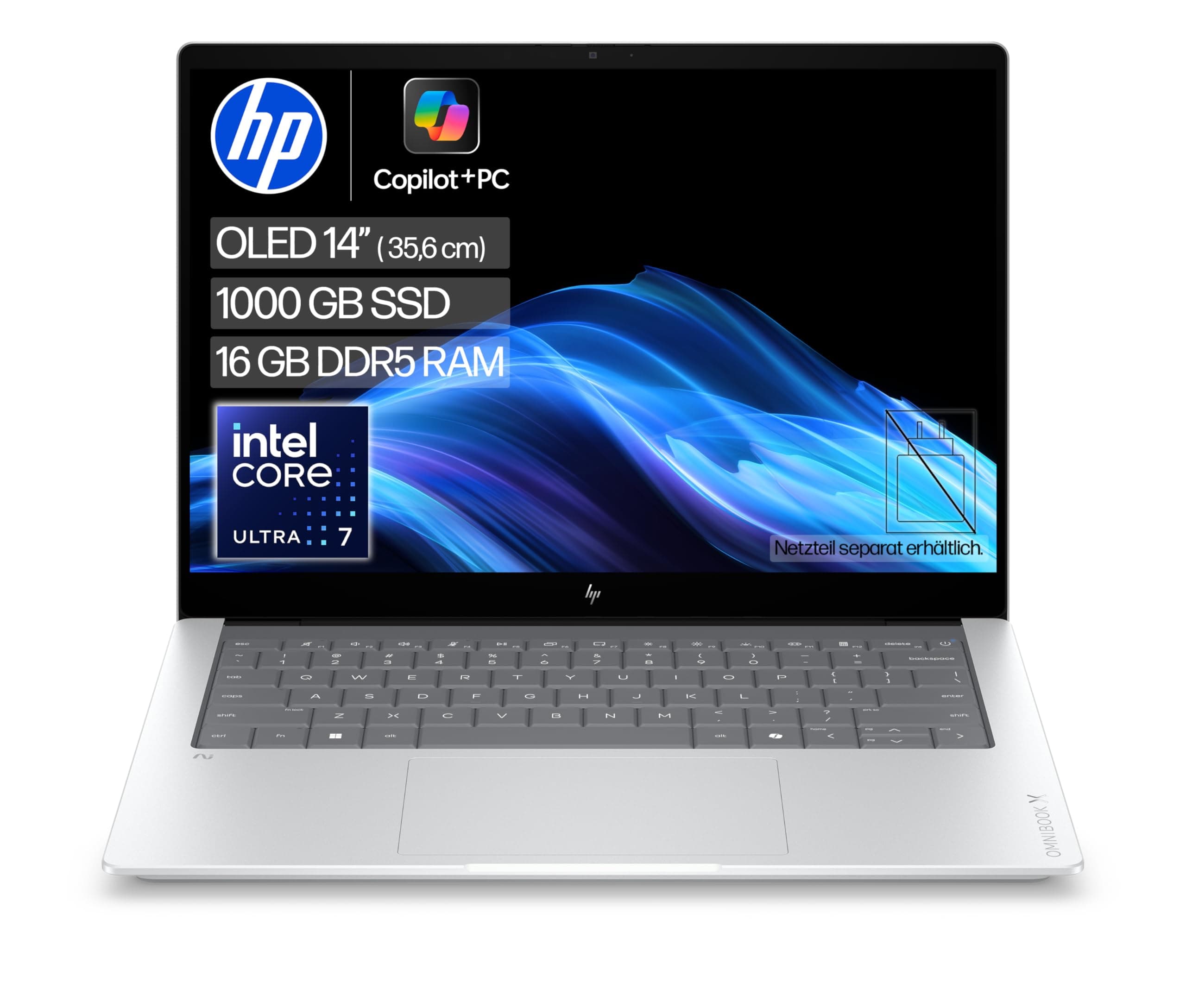 HP OmniBook X Laptop (14" 2K Display, Intel Core Ultra 7, 16GB RAM, 1TB, Win11, QWERTZ) - Silber Intel Core Ultra 7 Klappgehäuse