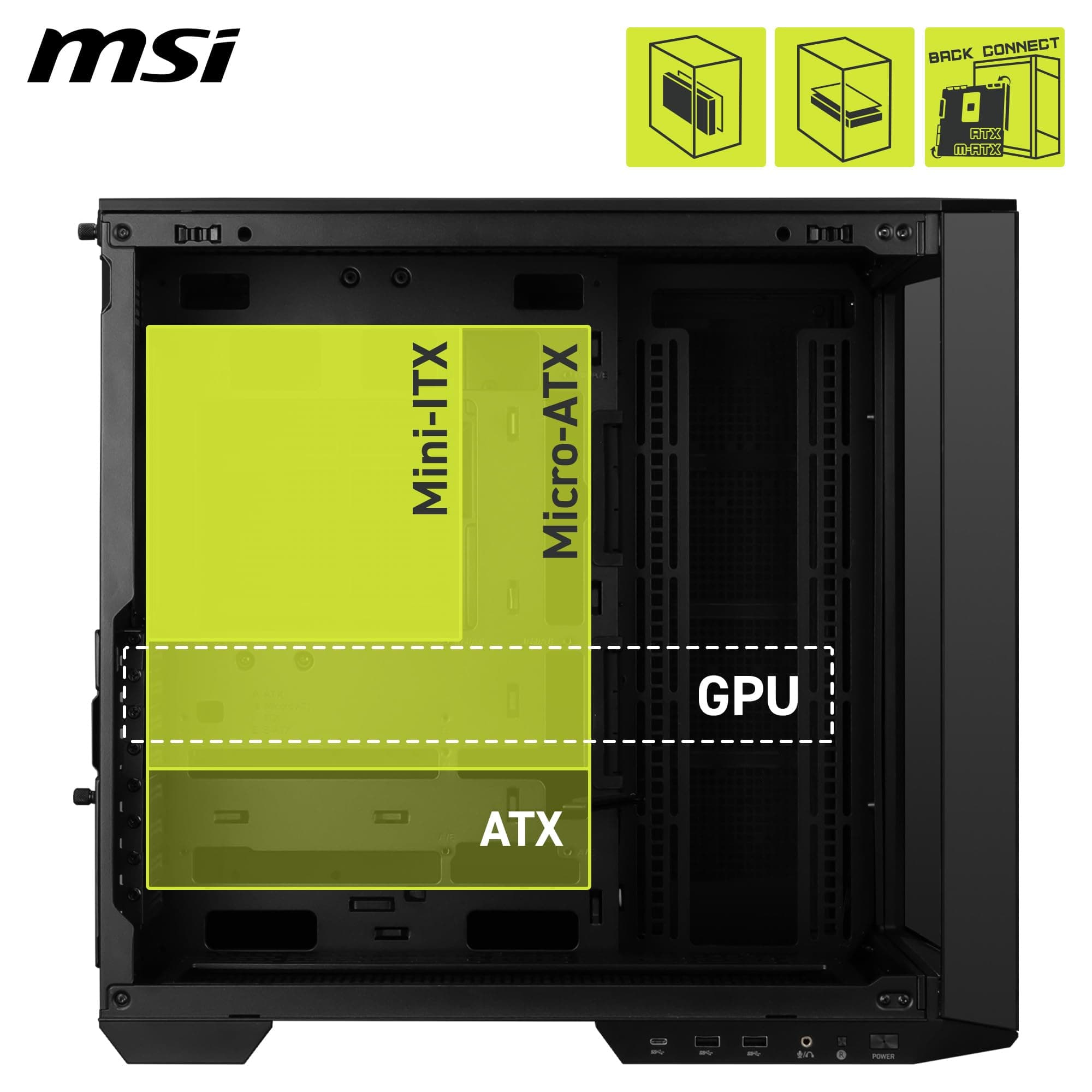 MSI MAG PANO 100L PZ PC-Gehäuse ATX – kompatibel mit vertikaler Grafikkarten-Installation, unterstützt GPU, Staubfilter, schwenkbarer Speicherkäfig, Doppelfach, USB Typ-C 20 GB/s ATX MAG PANO 100L PZ Bild 7