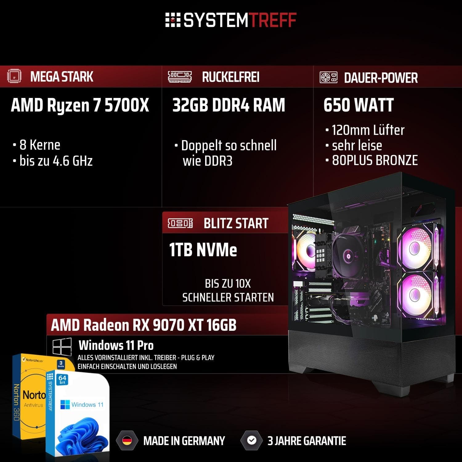 SYSTEMTREFF High-End Gaming PC AMD Ryzen 7 5700X 8x4.6GHz | AMD Radeon RX 9070 XT 16GB DX12 | 1TB M.2 NVMe | 32GB DDR4 RAM | Windows 11 | WLAN Desktop Computer Rechner für Gamer, Zocker & Streamer Bild 2