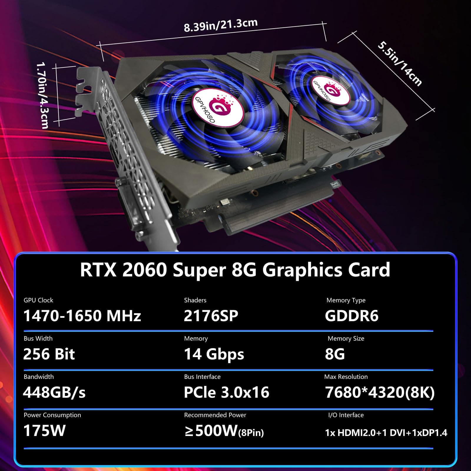 GPVHOSO RTX 2060 Super 8GB Grafikkarte 256Bit GDDR6 Grafikkarte mit Ray Tracing, Dual Fans, PCI Express x 16 3.0 HDMI Display Port DVI, Unterstützt bis zu 8K für Creative Work PC Gaming Office Bild 3