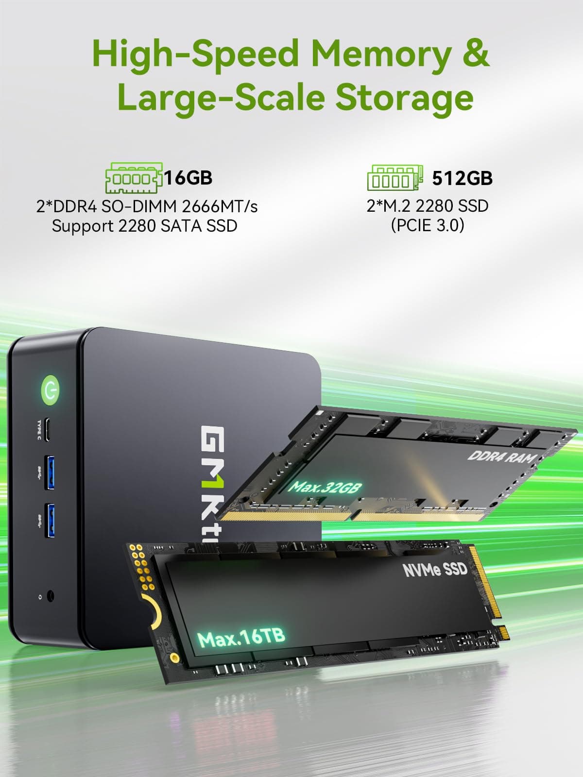 GMKtec Dual 2.5G NIC Mini-PC G11 AMD Ryzen Embedded R2514 (Schlägt 4300U/3500U/N150), 16GB DDR4 (Dual Channel), 512GB PCIe 3.0 M.2 SSD, Mini-Computer Triple-Display/2xUSB 3.2 10Gbit/s/WiFi6E/BT5.2/ Black 16+512 Bild 8