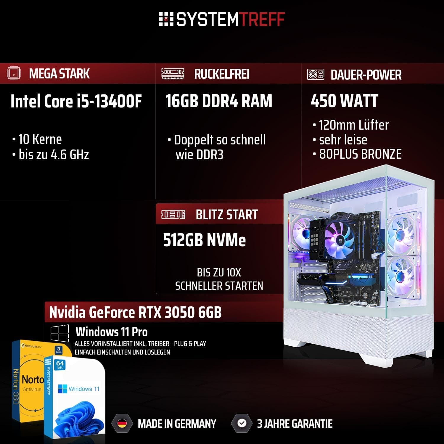 SYSTEMTREFF Basic Gaming PC weiß Intel Core i5-13400F 6x4.6GHz | Nvidia RTX 3050 6GB | 512GB M.2 NVMe | 16GB DDR4 RAM | Windows 11 | Desktop Computer Rechner für Gamer, Zocker & Streamer Bild 2