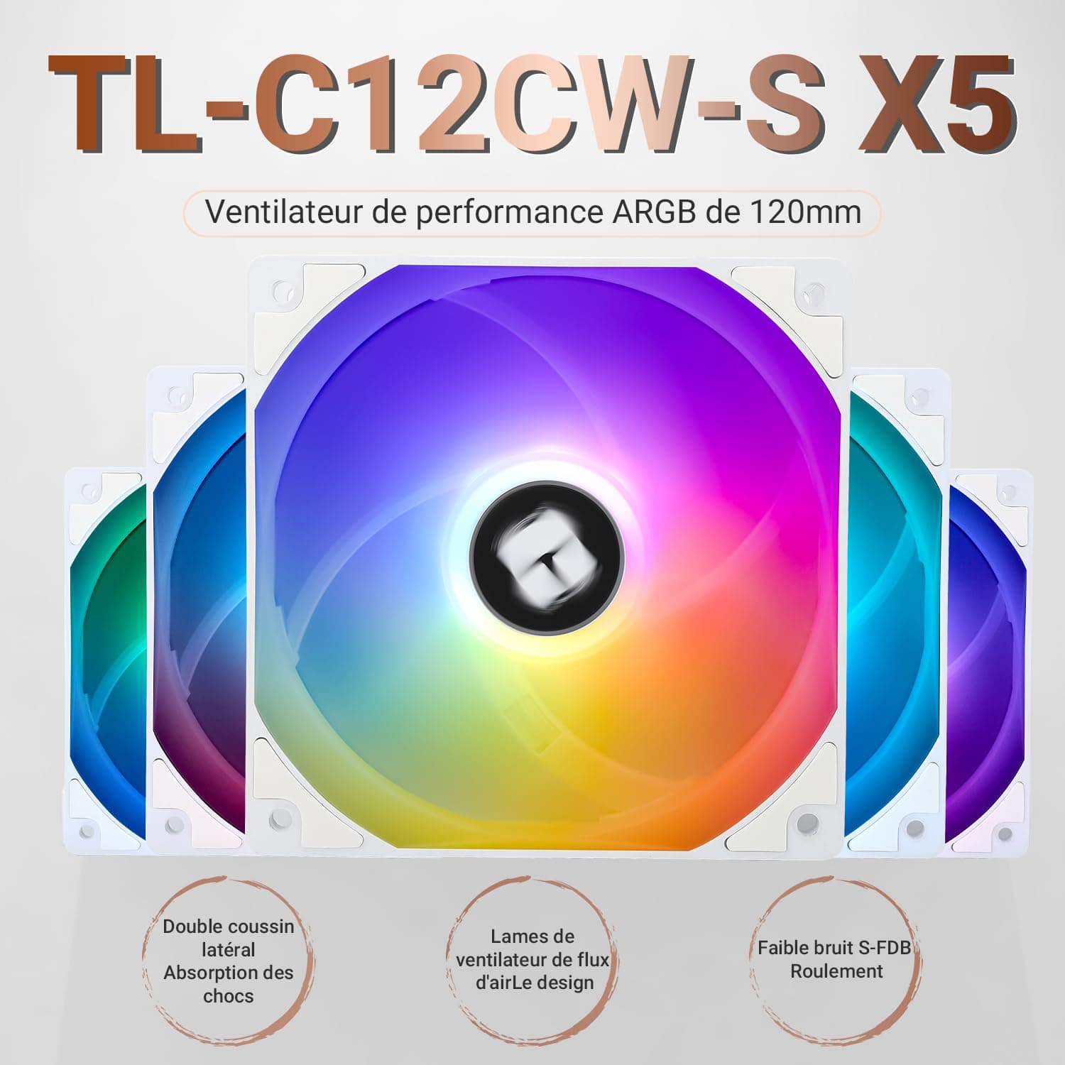 TR TL-C12CW-S X5 CPU Luftkühler 120mm ARGB Gehäuse-Lüfter, PWM leiser Computer-Lüfter mit S-FDB-Lager, bis zu 1550 U/min Kühlgeschwindigkeit Ventilator, PC-Kühlventilator, 5-Lüfter-Set, Weiß Bild 3